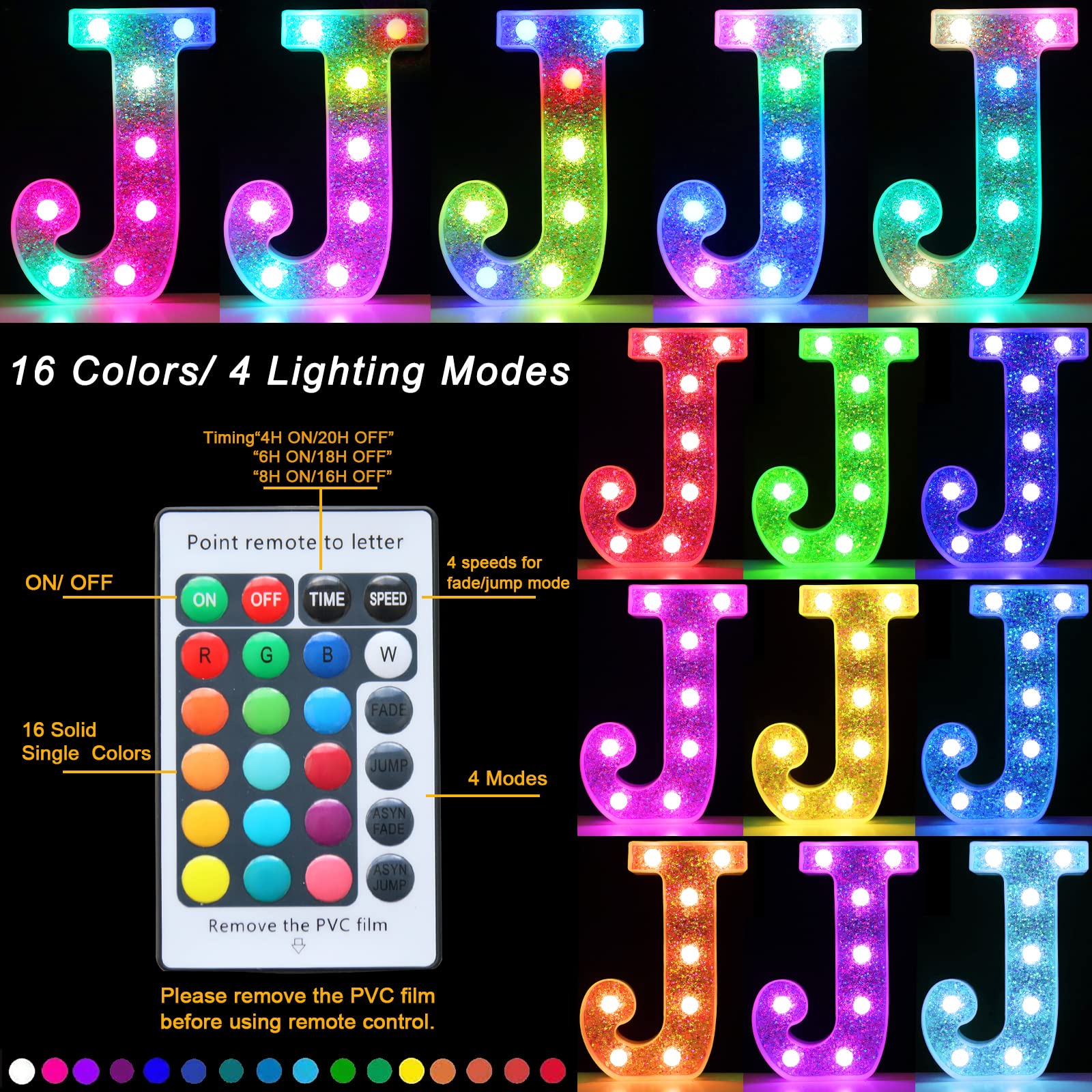 Pooqla LED Marquee Letter Lights, Silver, RGB Colors, Battery Operated, Model S-RGB Silver, Letter J for Parties and Decorations