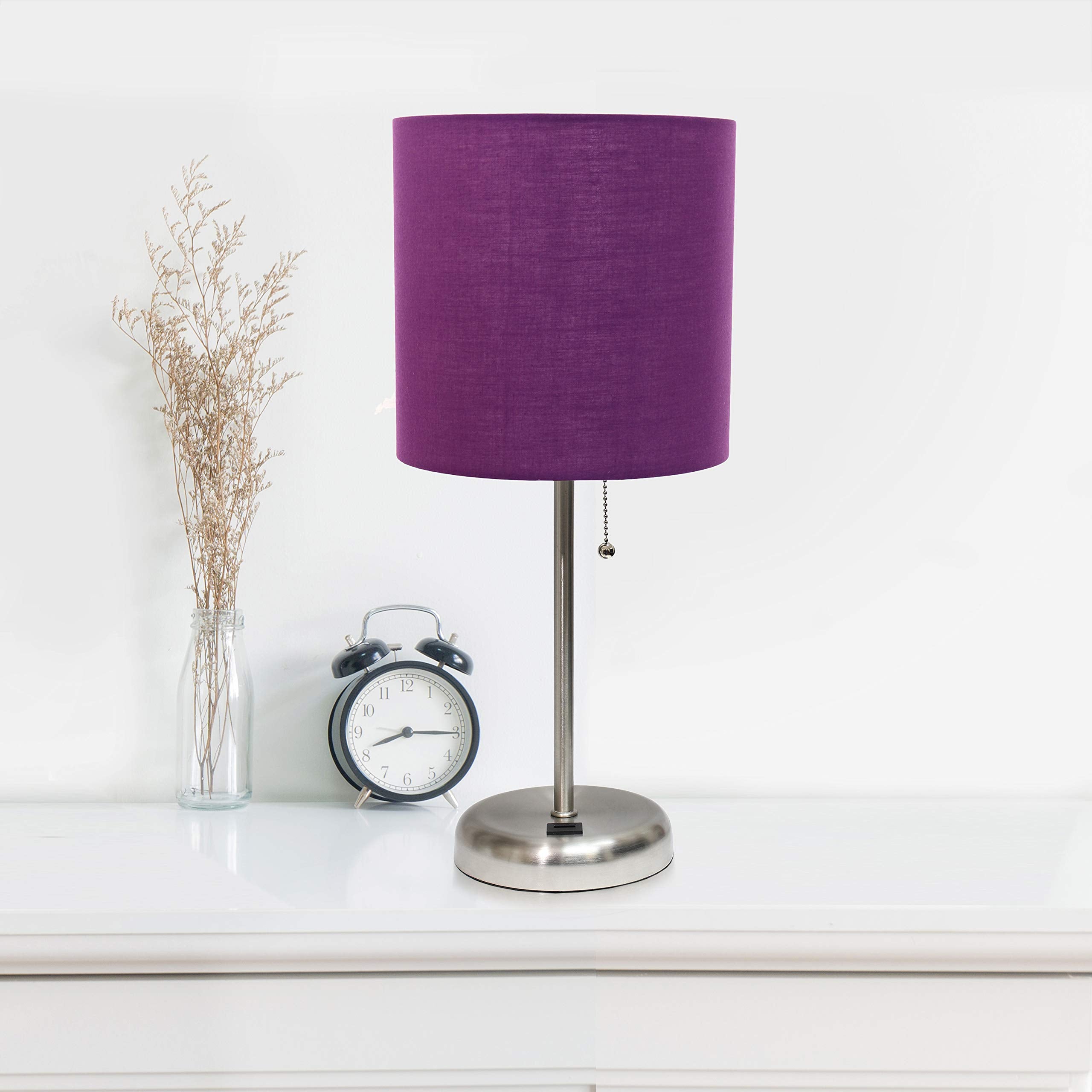 Simple Designs LC2002-PRP-2PK Brushed Steel Stick Table Lamp Set with USB Charging Port and Purple Fabric Shades  2 Pack Set