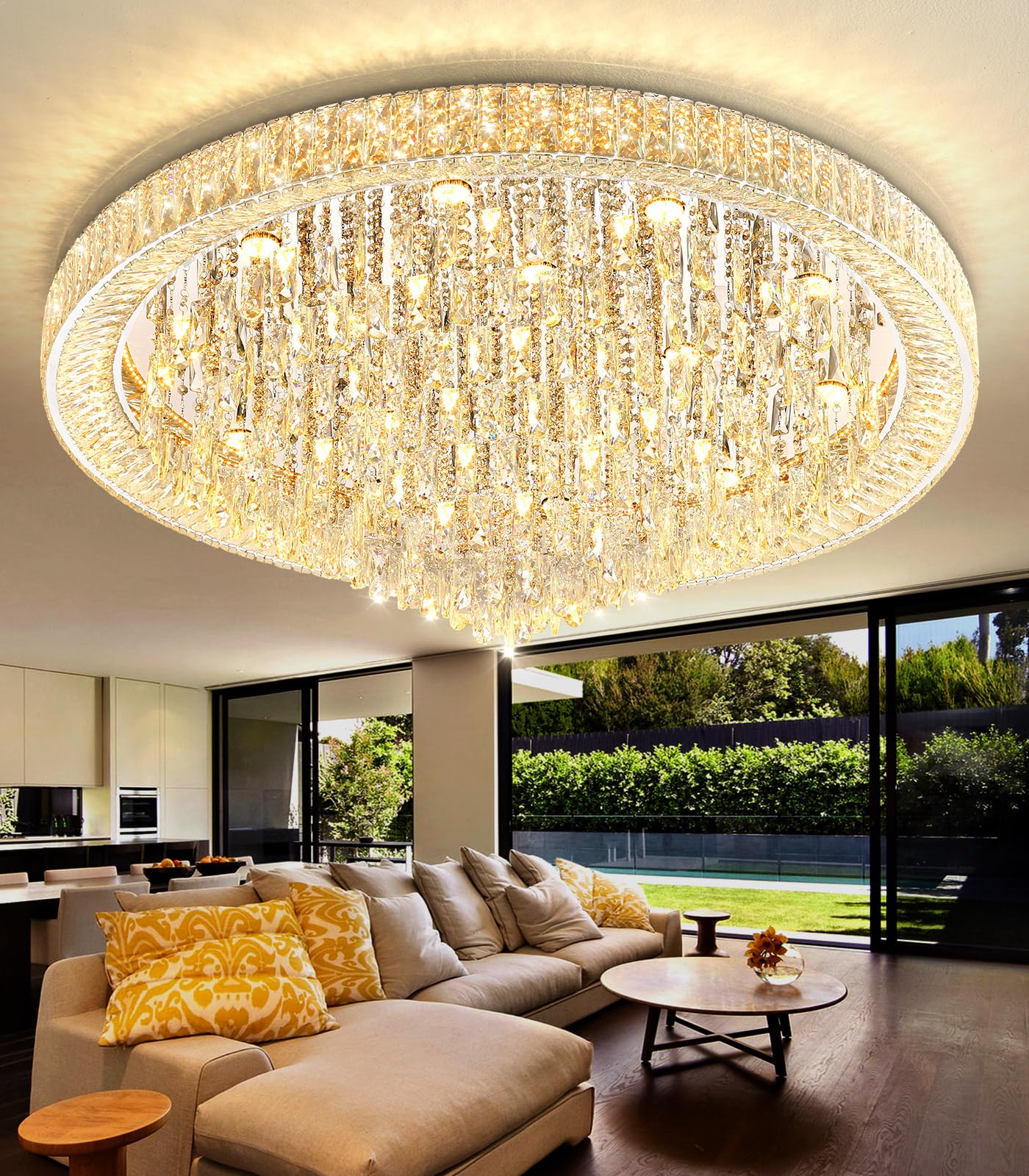 dolria 47'' Modern LED Dimmable Crystal Flush Mount Chandelier, Silver, Metal, Model PC1019-120S for Living Room, Foyer, Bedroom