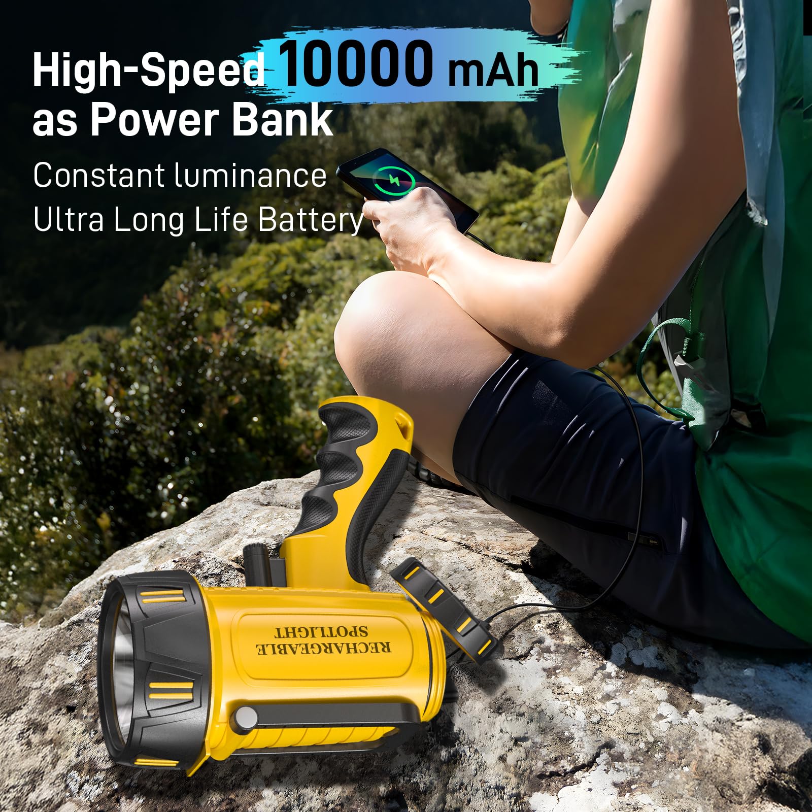 CHRMJERN 10000mAh Rechargeable Spotlight 90000 Lumen Flashlight, Yellow, Model FL1, Outdoor Runtime 48+ Hrs with Tripod