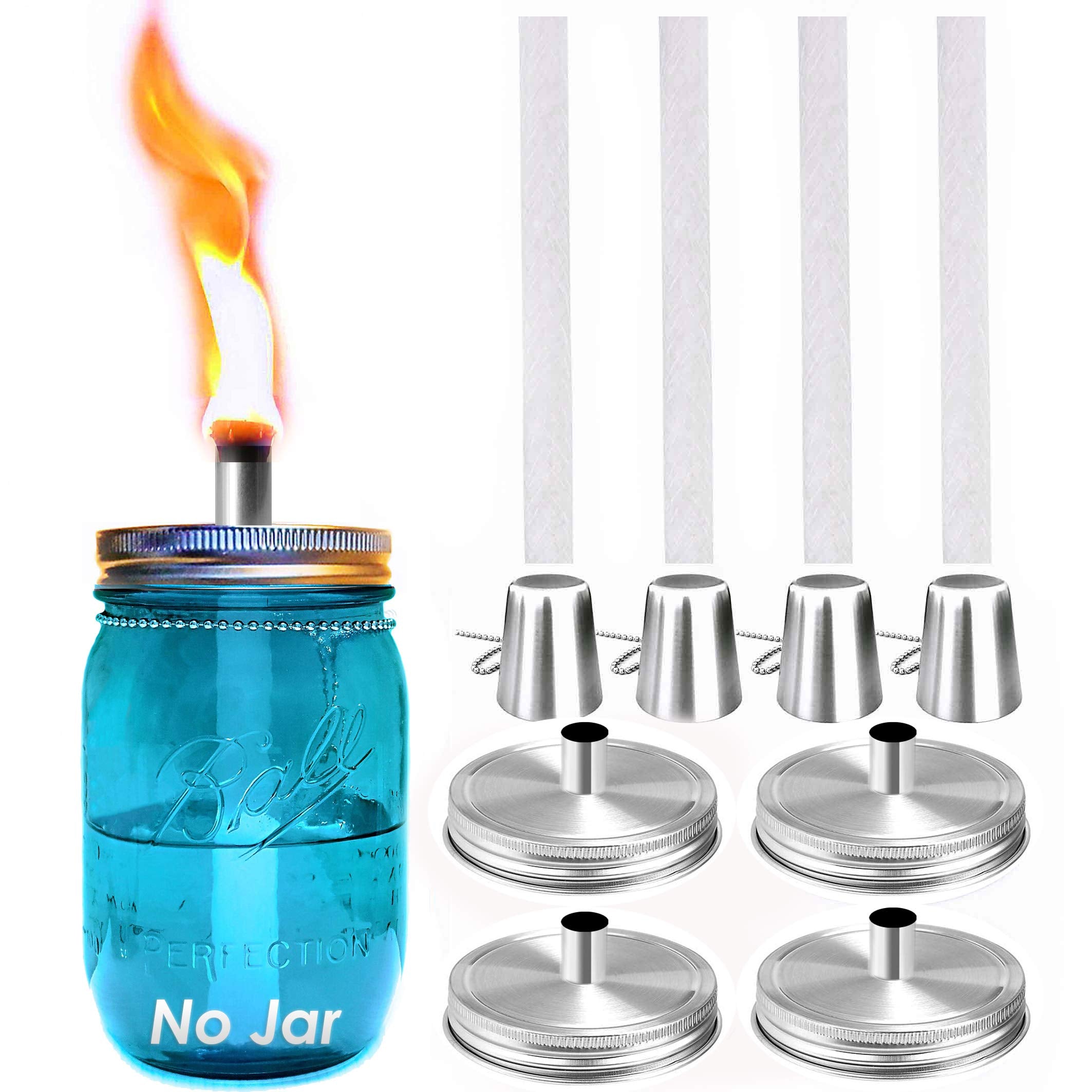 Yitee Mason Jar Tabletop Torch Kit - 4 Pack Silver With Fiberglass Wicks & Stainless Steel Lids
