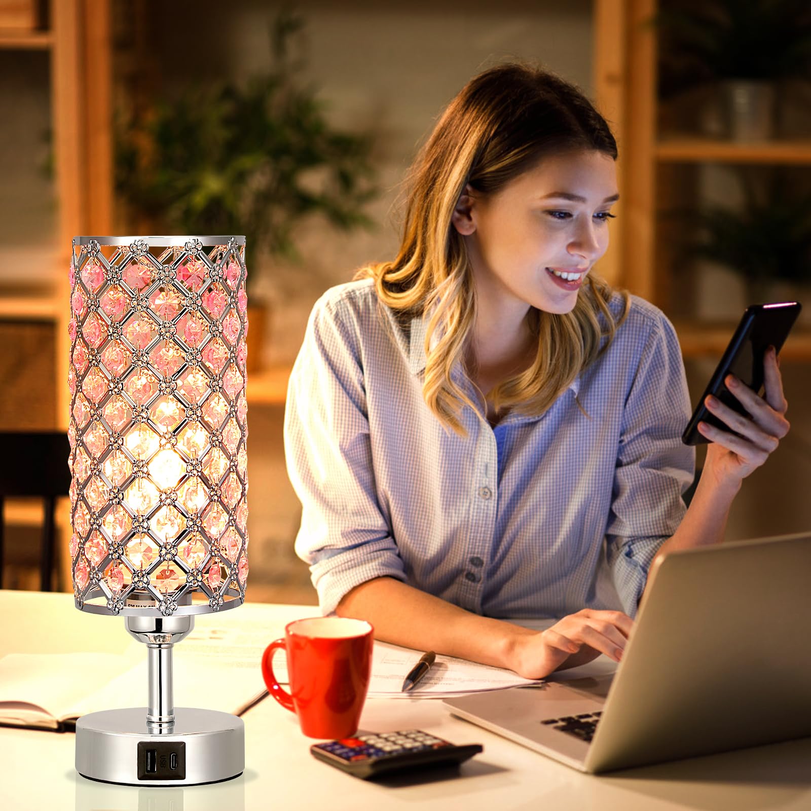 Hong-In Crystal Table Lamp, Pink Touch Lamp With Usb C+A Ports, 3 Way Dimmable Bedroom Light With Crystal Shade, Bedside Nightst
