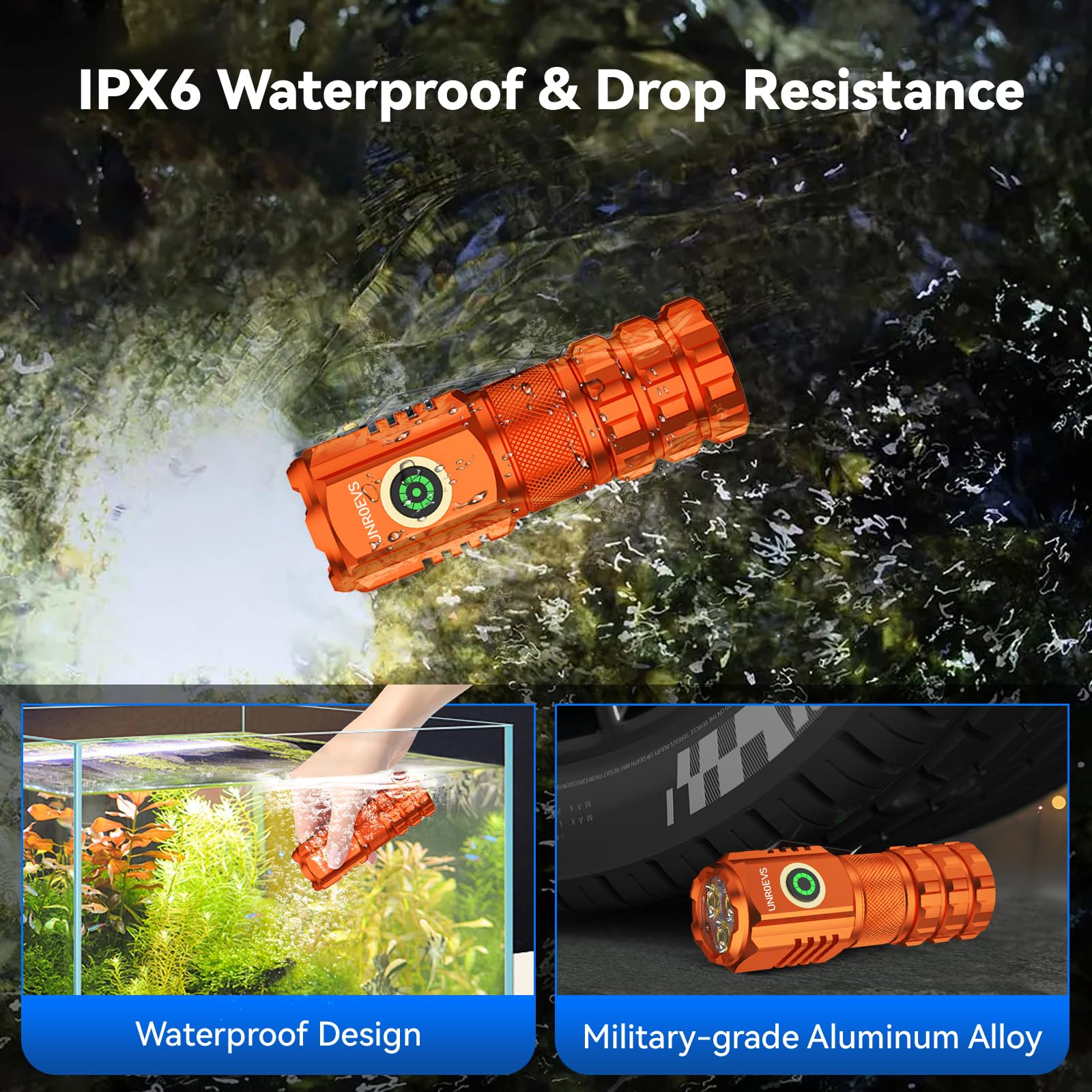 UNROEVS XC06 Mini Rechargeable Flashlight, Super Bright, Compact, Orange, Aluminum, 5 Modes, Perfect for Camping & Emergency
