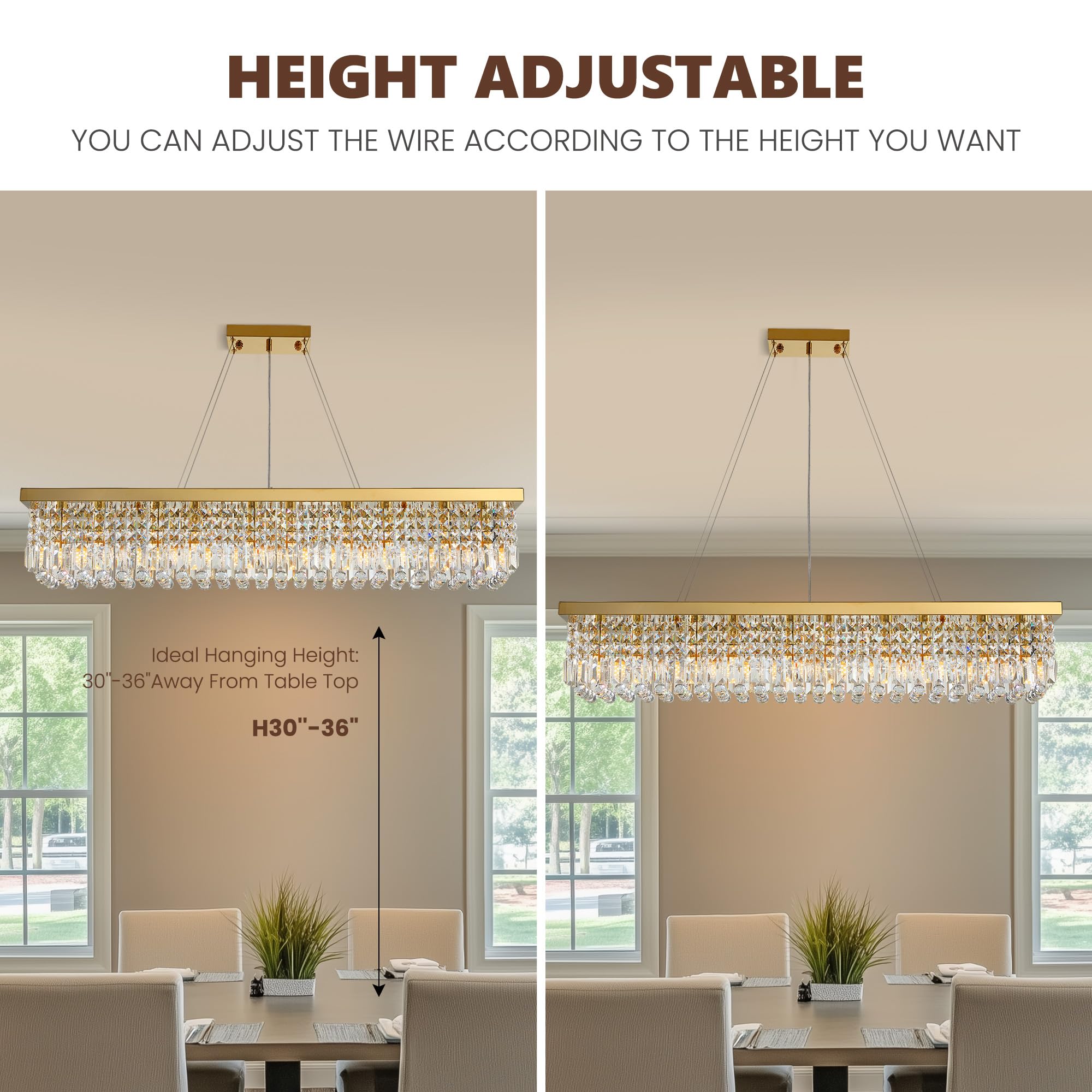 Tinkoso Modern Crystal Chandelier, 10-Light K9, 47"x10"x10", Gold Stainless Steel, Model LH-00912 for Dining Room, Kitchen, Hotel