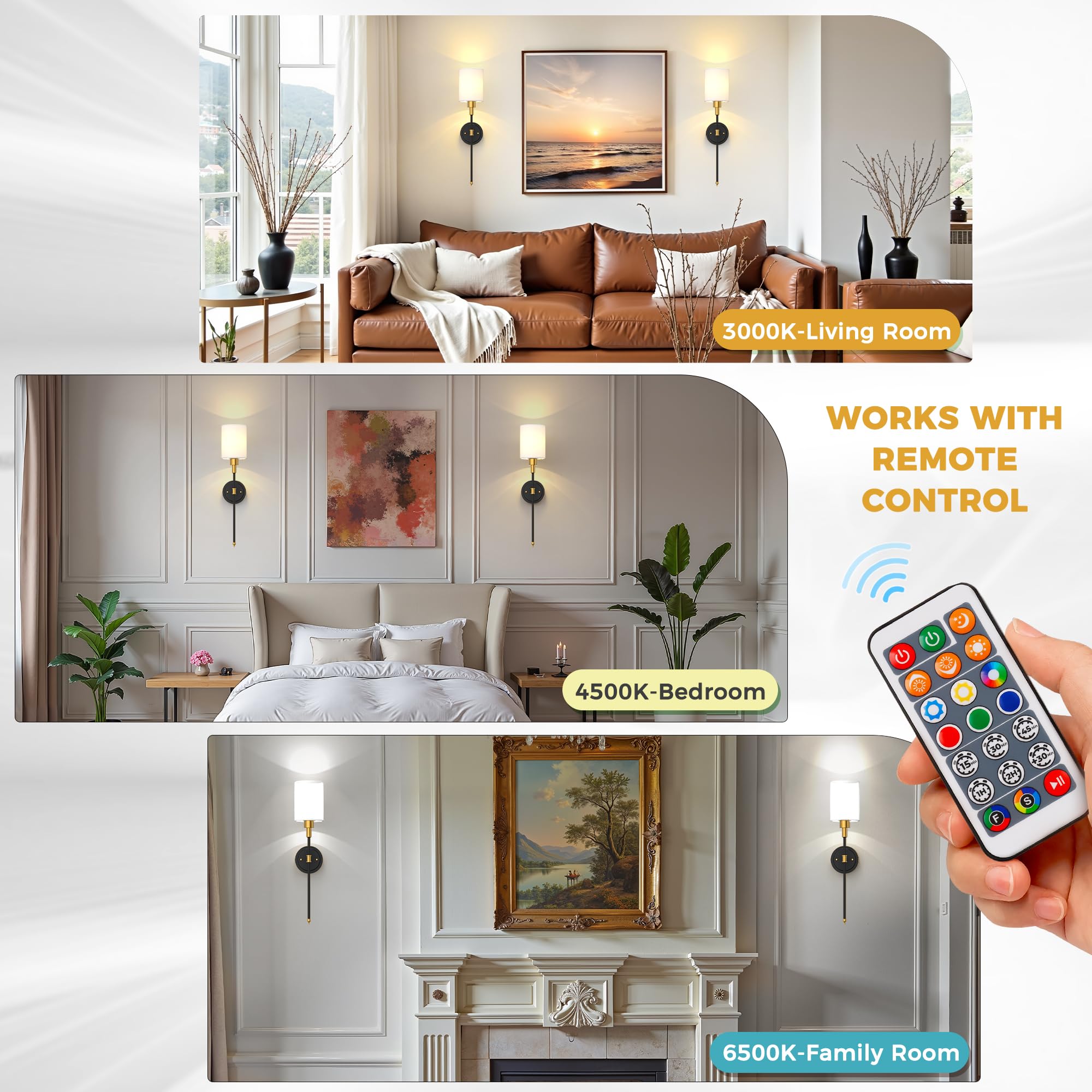 DORESshop Battery Operated Wall Sconce Set of 2, 24.3in Metal Wireless Light, Gold and Black for Bedroom & Living Room