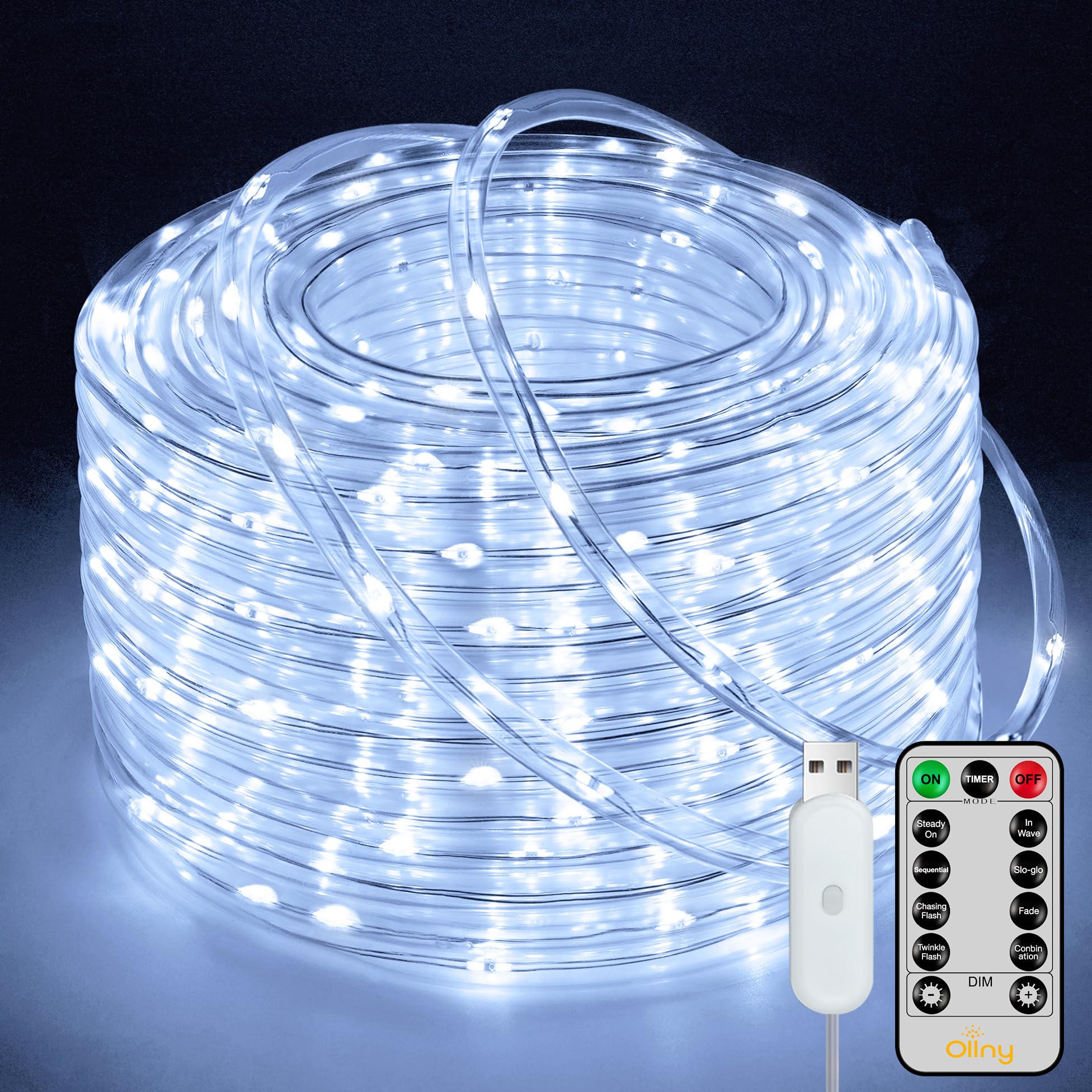 Ollny Rope Lights 33FT 100 LED, USB Cool White String Lights with Remote, 8 Modes IP68 Waterproof Timer Fairys Lights for Indoor Outdoor Bedroom House Party Christmas Decorations