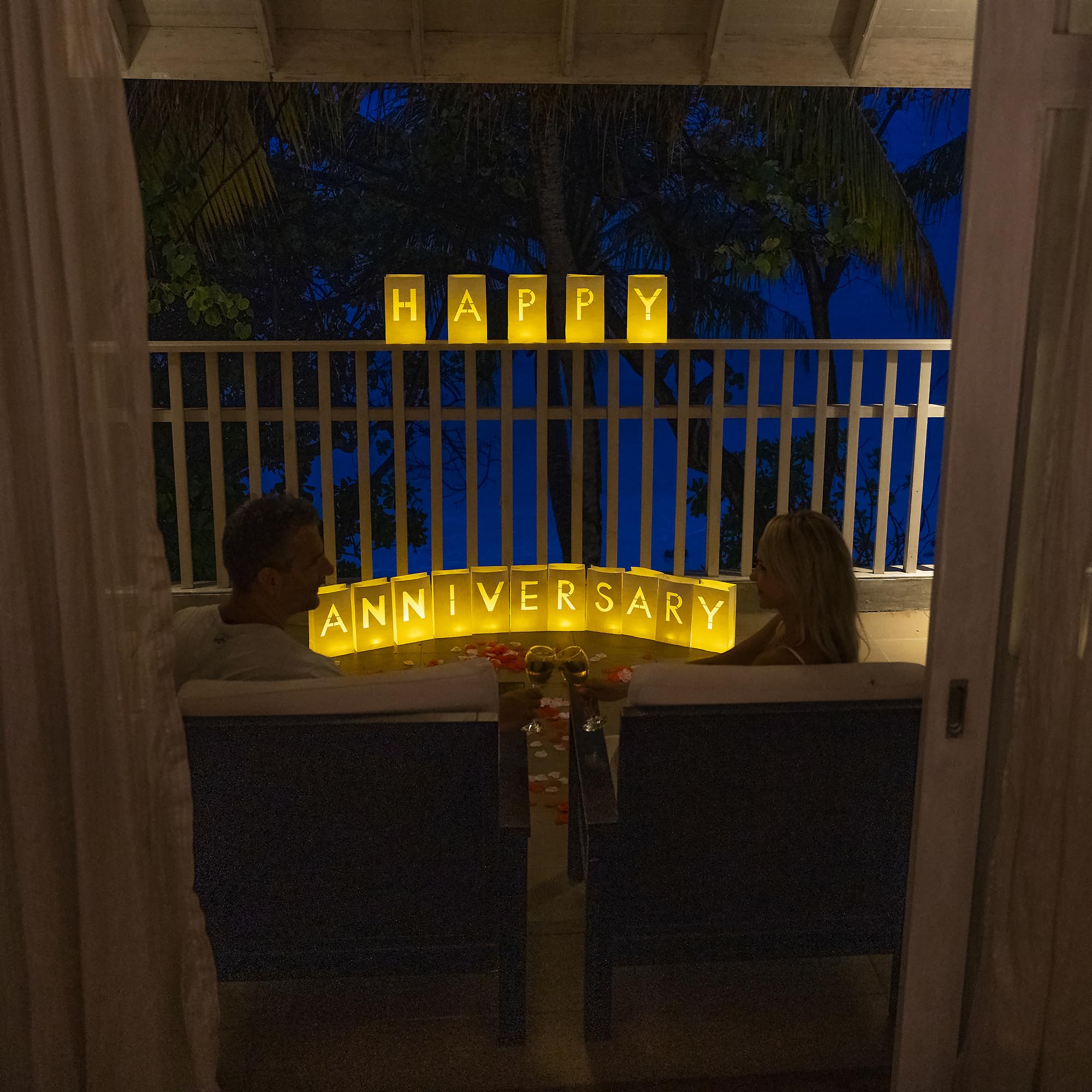 WYMM Happy Anniversary Decorations - Luminary Paper Bags with Tea Lights & Rose Petals, Multicolor, Model 1