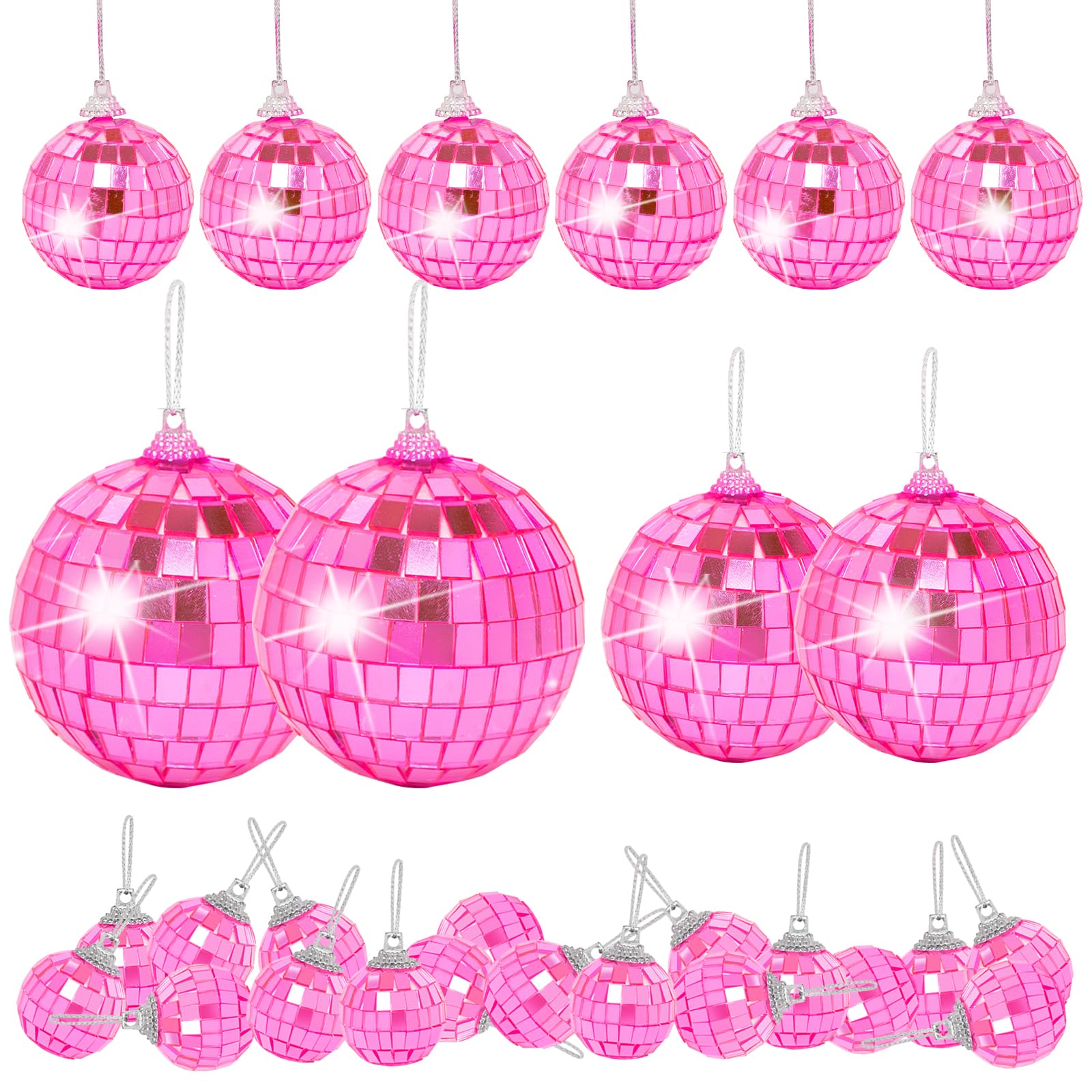 Pink Mini Disco Ball Decor: 28 Pack Hanging Mirror Ball Ornaments Different Sizes - Disco Balls Decorations Bulk For Party Christmas Tree Cake Room Birthday (1.2 Inch  1.6 Inch  2 Inch  2.4 Inch)