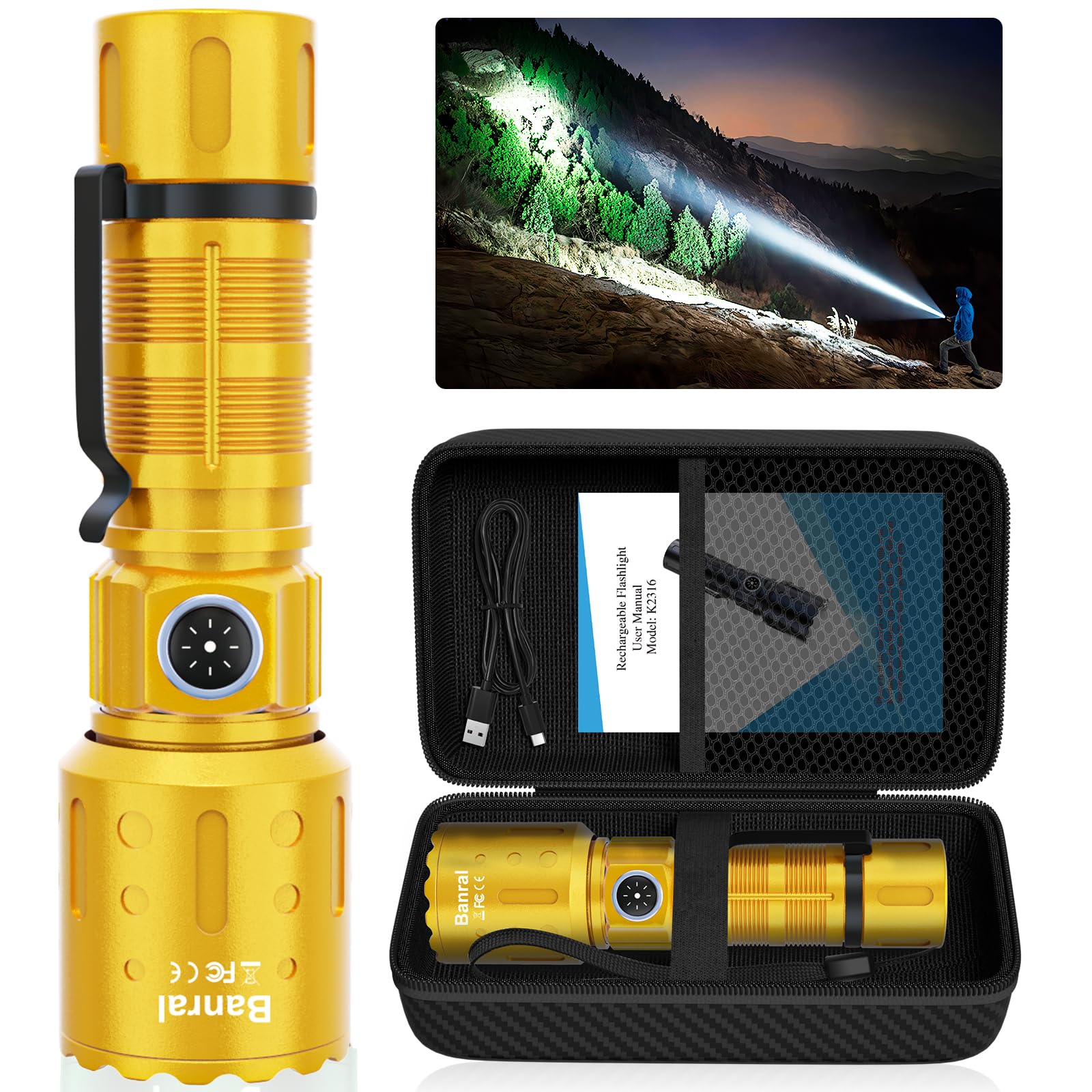 Flashlights High Lumens Rechargeable  20000 Lumens Super Bright 1500 Meters Long Range Small Powerful Flashlight  6 Modes Led Tactical Pocket Waterproof Flash Light For Home Emergency (1  Yellow Gold)