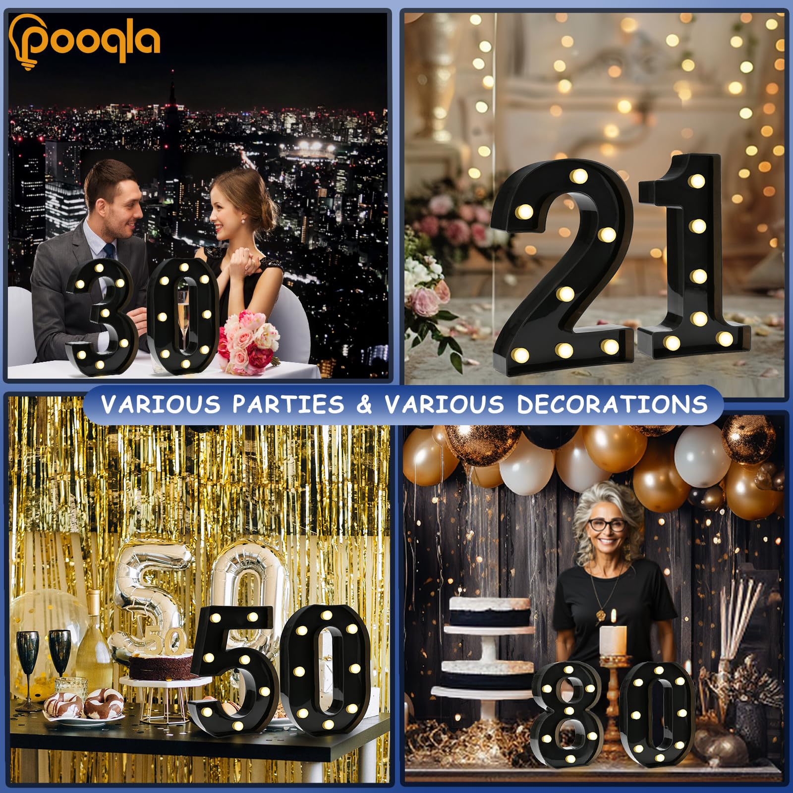 Pooqla Decorative Led Light Up Number Letters, Black Plastic Marquee Number Lights Sign For 8Th 18Th 80Th Birthday Party Wedding Decor Battery Operated Black Number 8
