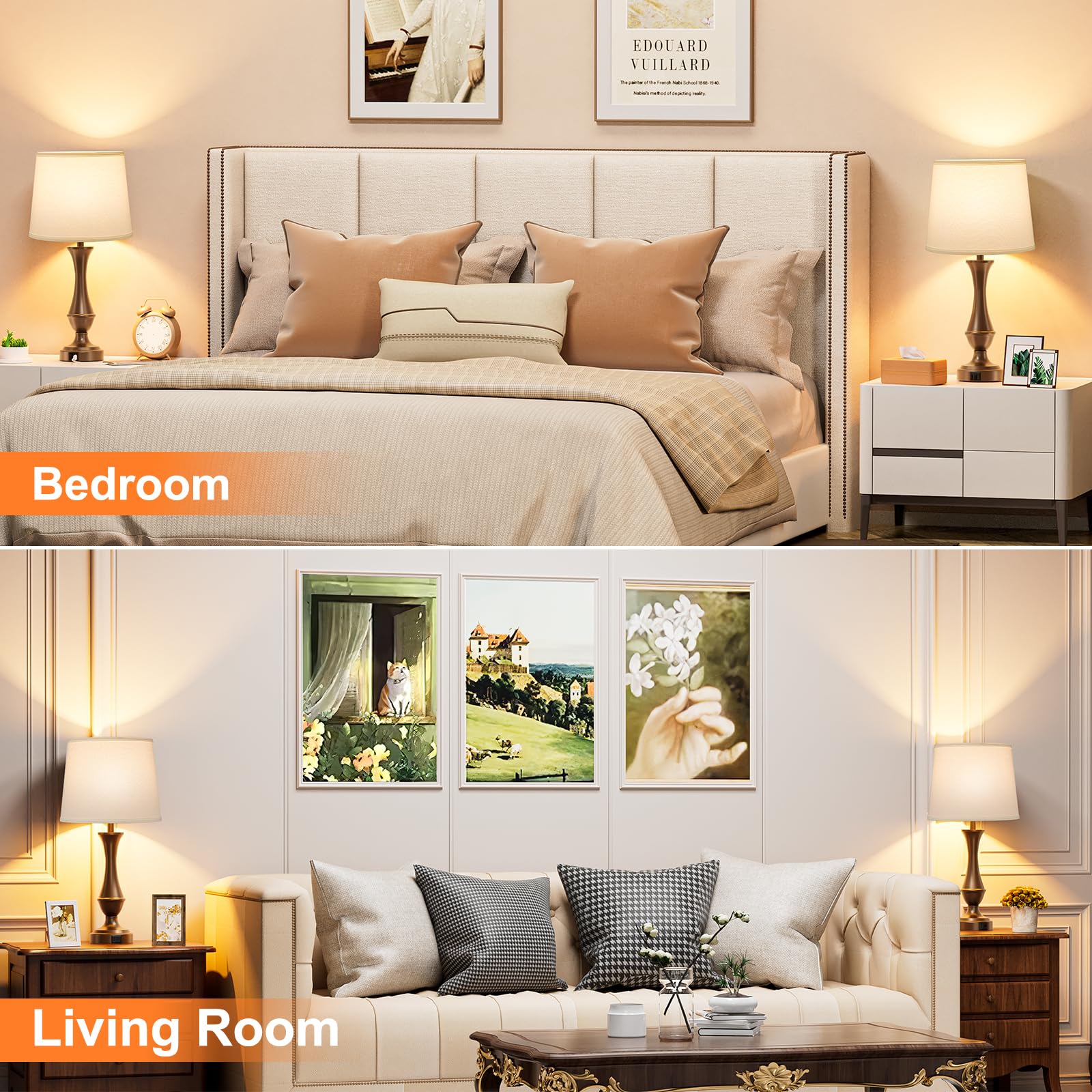 Seealle Touch Lamps Set of 2 - 3 Way Dimmable, USB C+A, Metal, White Shade & Brown Base, Model 04079