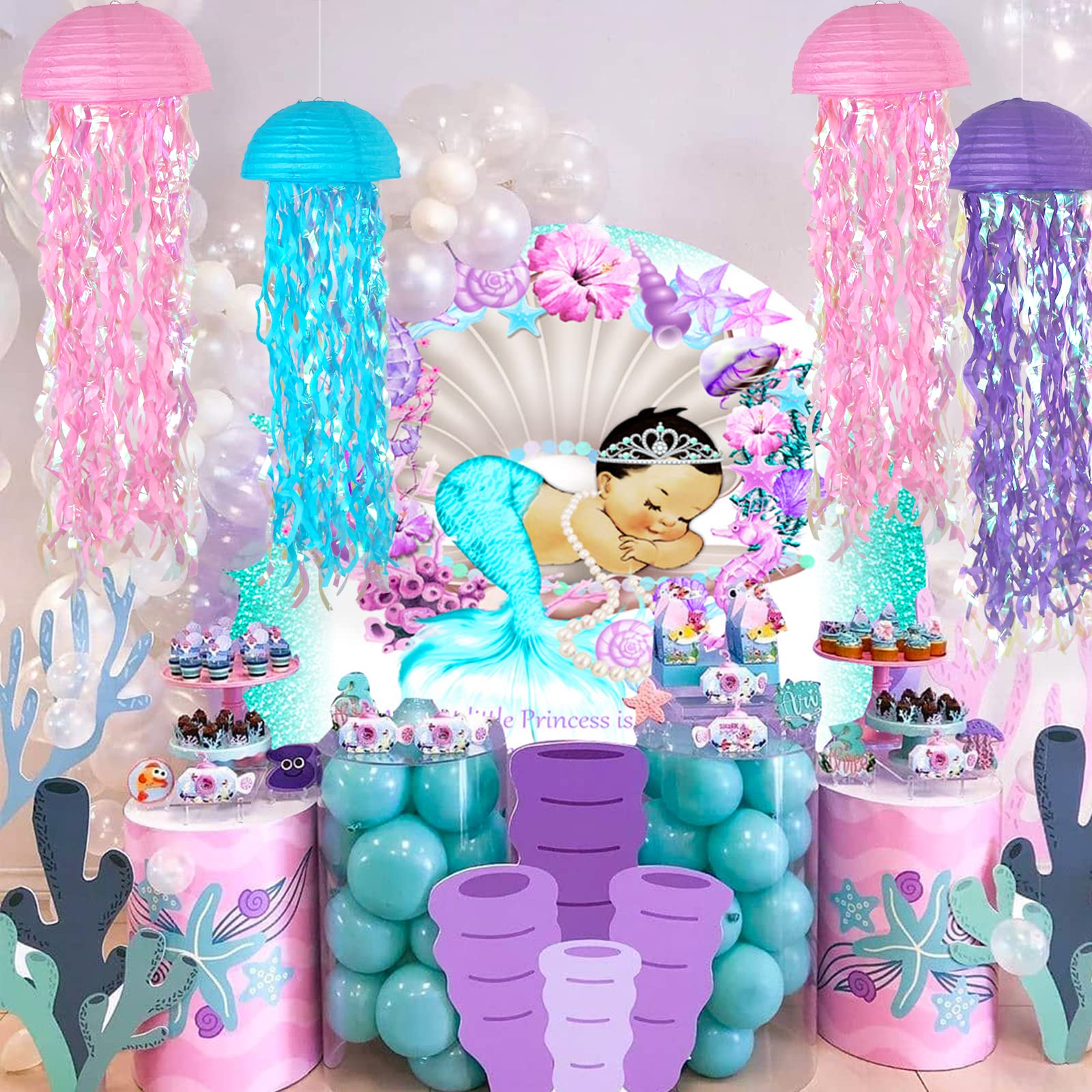 Adlkgg Pink Purple Blue Hanging Jelly Fish Paper Lanterns, Gradient Colorful Paper Lanterns For Mermaid Theme Party Under The Se