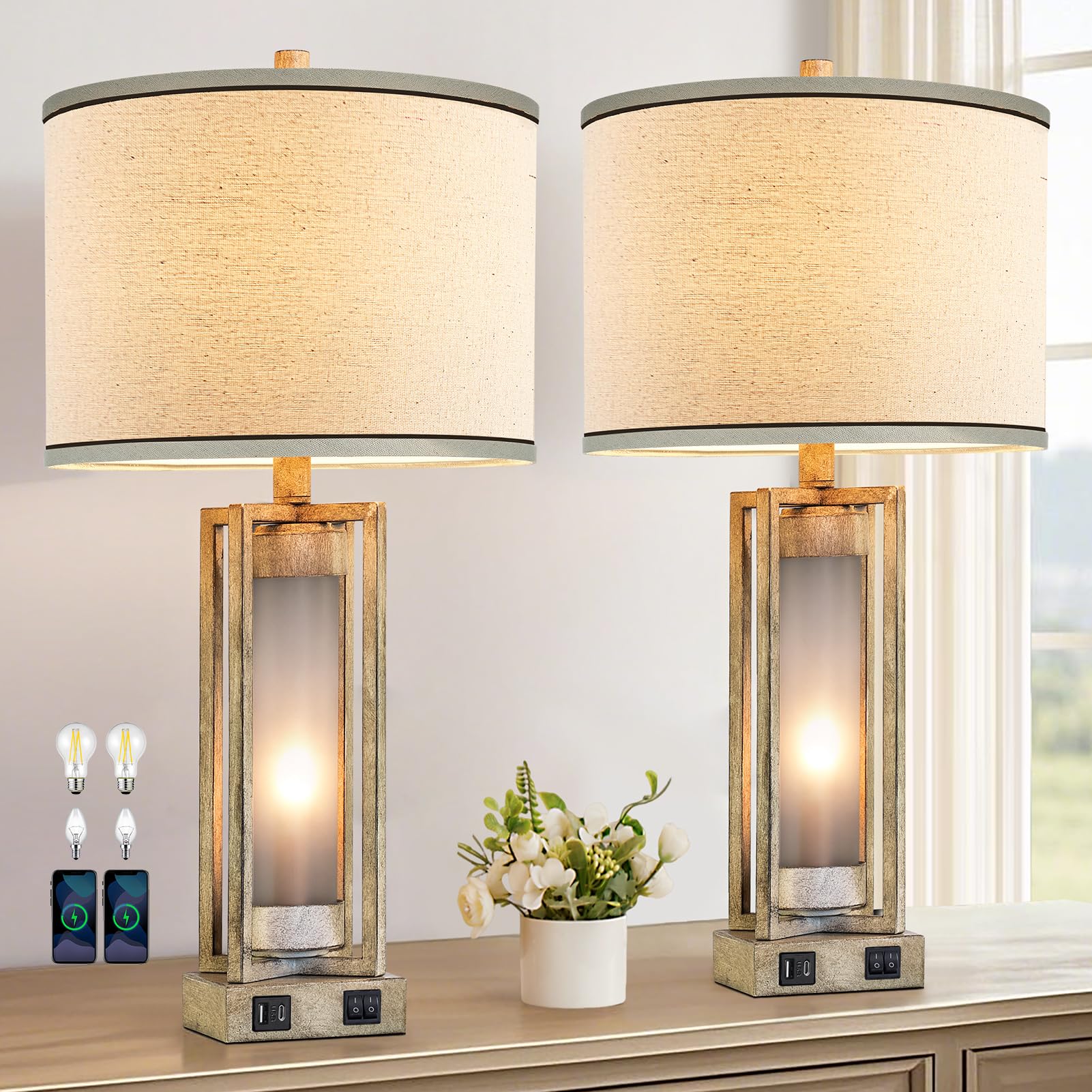 Roriano 25'' Set Of 2 Farmhouse Table Lamps For Living Room With Usb A+C Ports, Rustic Nightstand Lamp With White Night Light, V