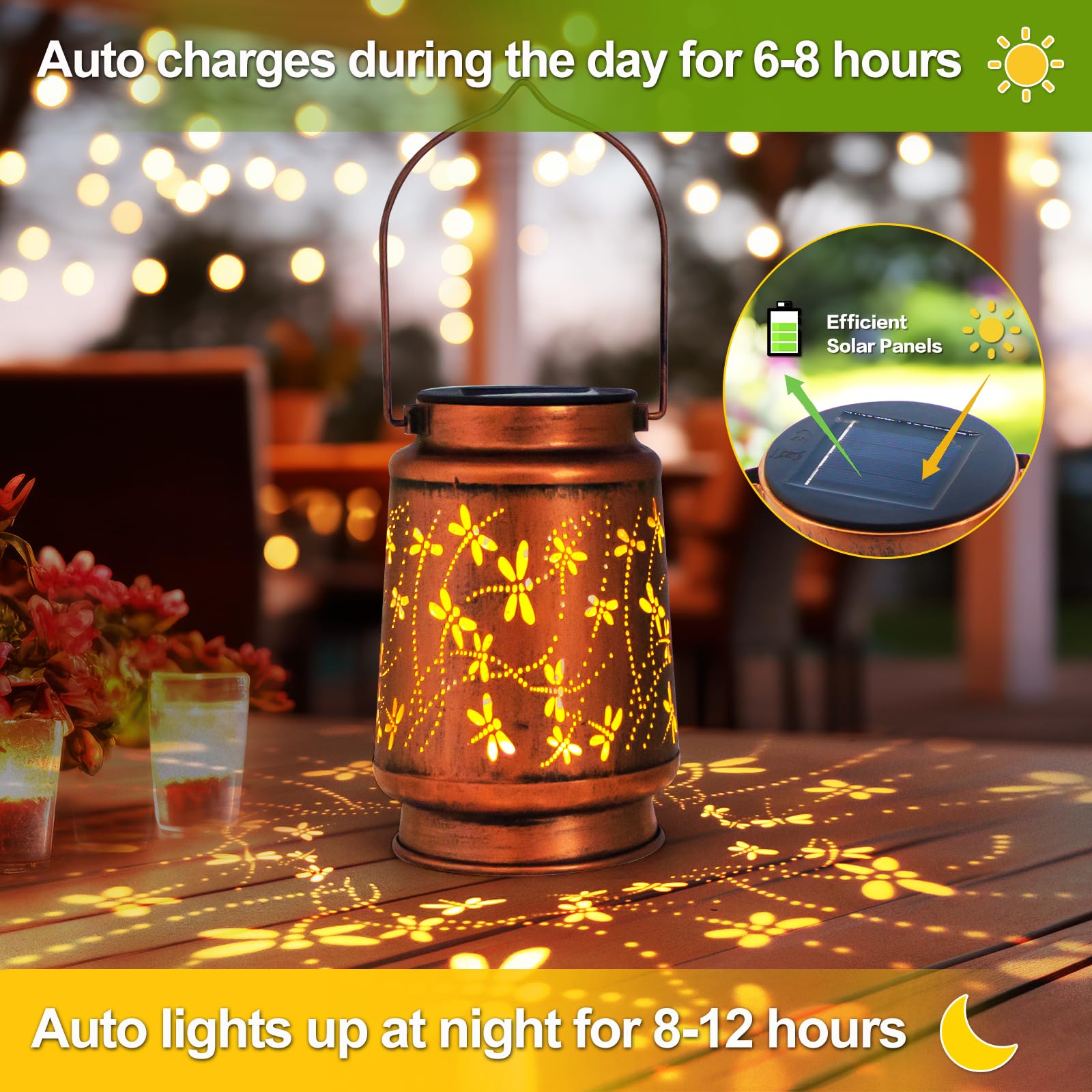 4 Packs Solar Lanterns Outdoor Hanging Lantern Lights, 4 Dragonfly Hollowed-Out Metal Decor Lantern, Waterproof Led Decorative G