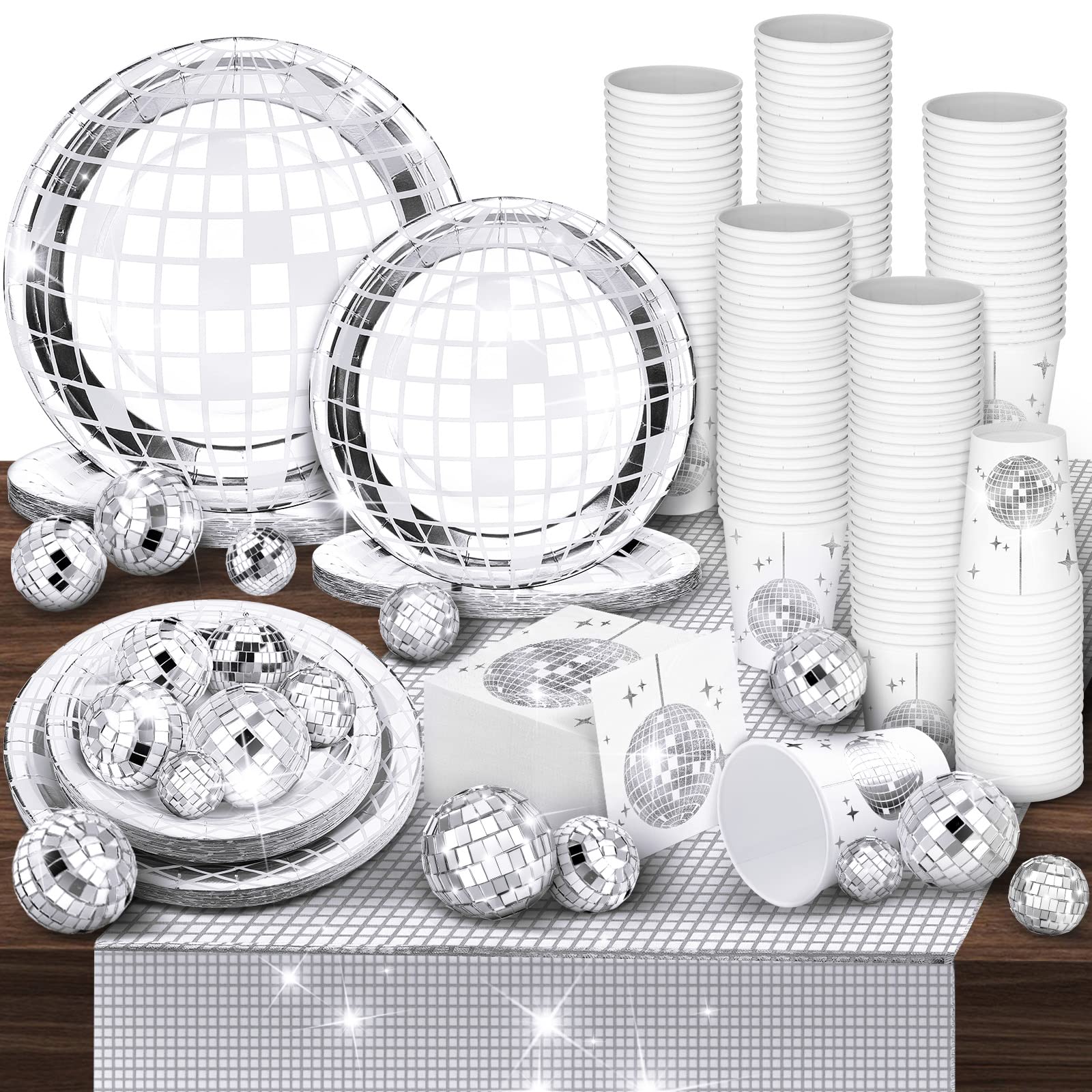 Marsui Disco Party Decor Set - 121 Pcs with 25 Disco Balls, Paper Plates, Cups, Napkins, and Table Runner - Silver