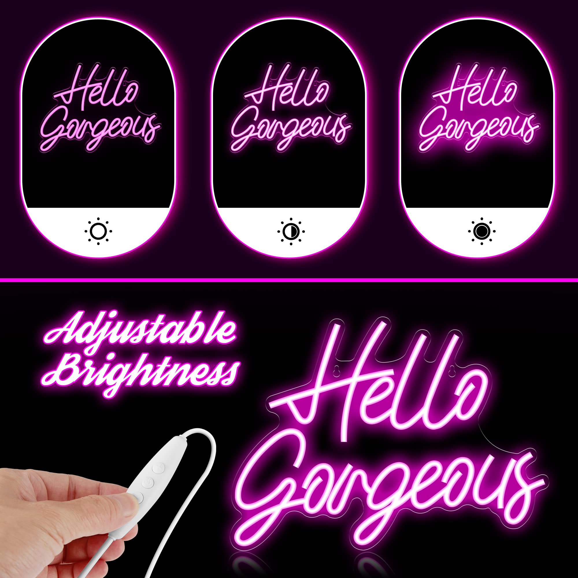 Kavaas Neon Sign - Hello Gorgeous Light for Wall Decor, Dimmable, 16.4inx12in, Pink, Model KNS-HGP