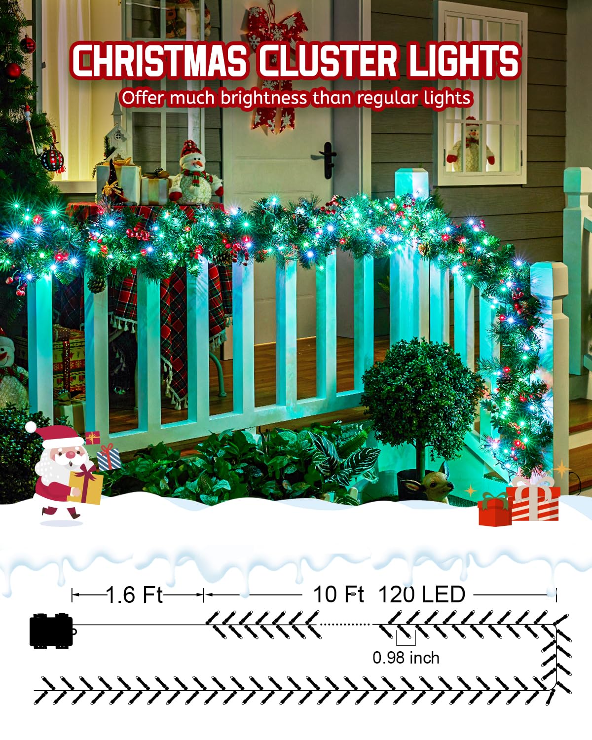 Brightown Christmas Cluster Lights Battery Operated Outdoor, 10Ft 120 Led Christmas Tree Lights Firecracker String Lights Waterproof Twinkle Lights For Indoor Xmas Tree Decorations, Red Green & White
