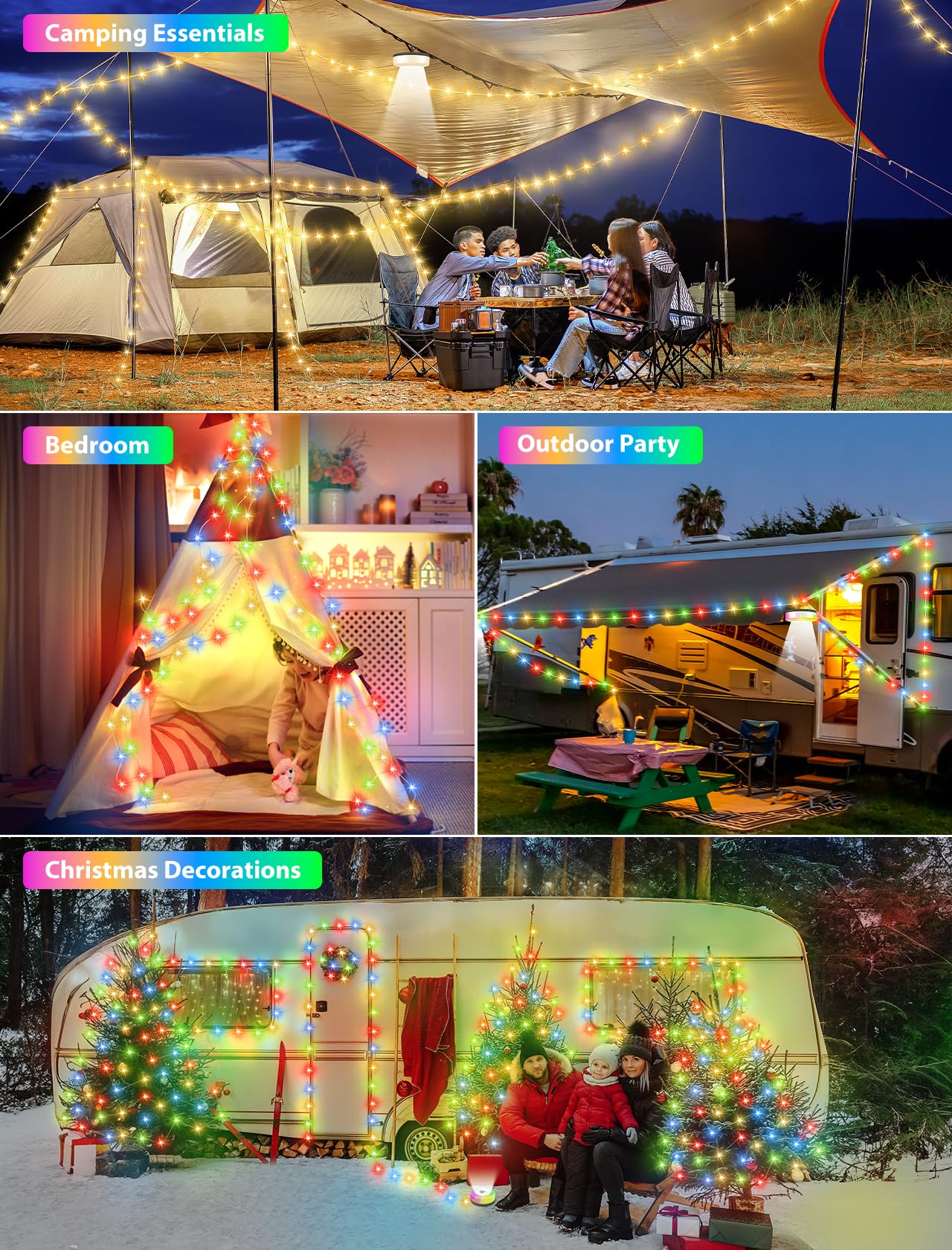 2Pack Camping String Lights, 4 in 1 Quick Storage 32.8FT Rechargeable Tent Lights with 9 Modes Hanging Waterproof Camp Lamp Camp