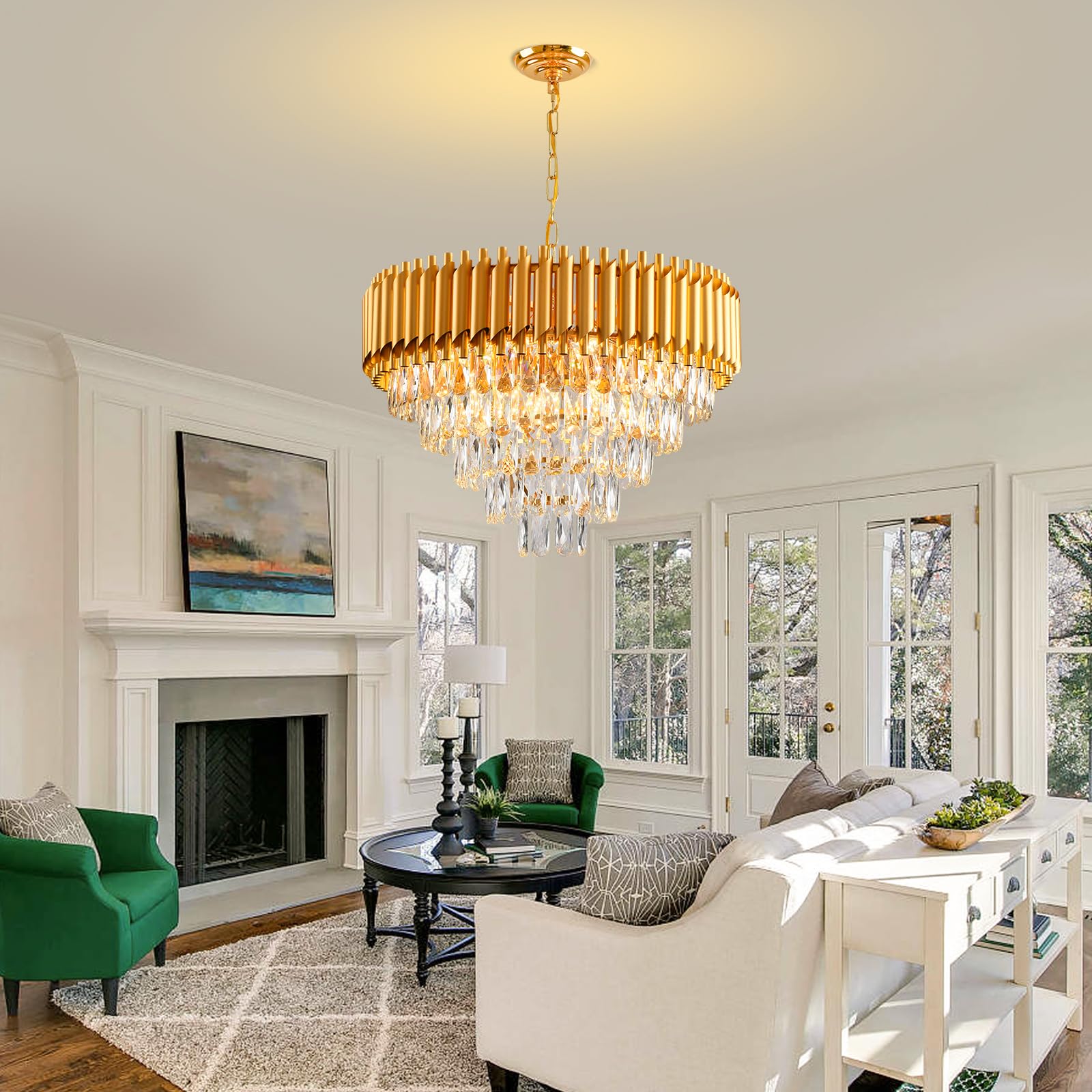 AKDXIRUN Modern Crystal Chandelier, 12 Lights, Gold, 24in Width, Luxury Light Fixture for Dining Room, Living Room, Bedroom, Foyer