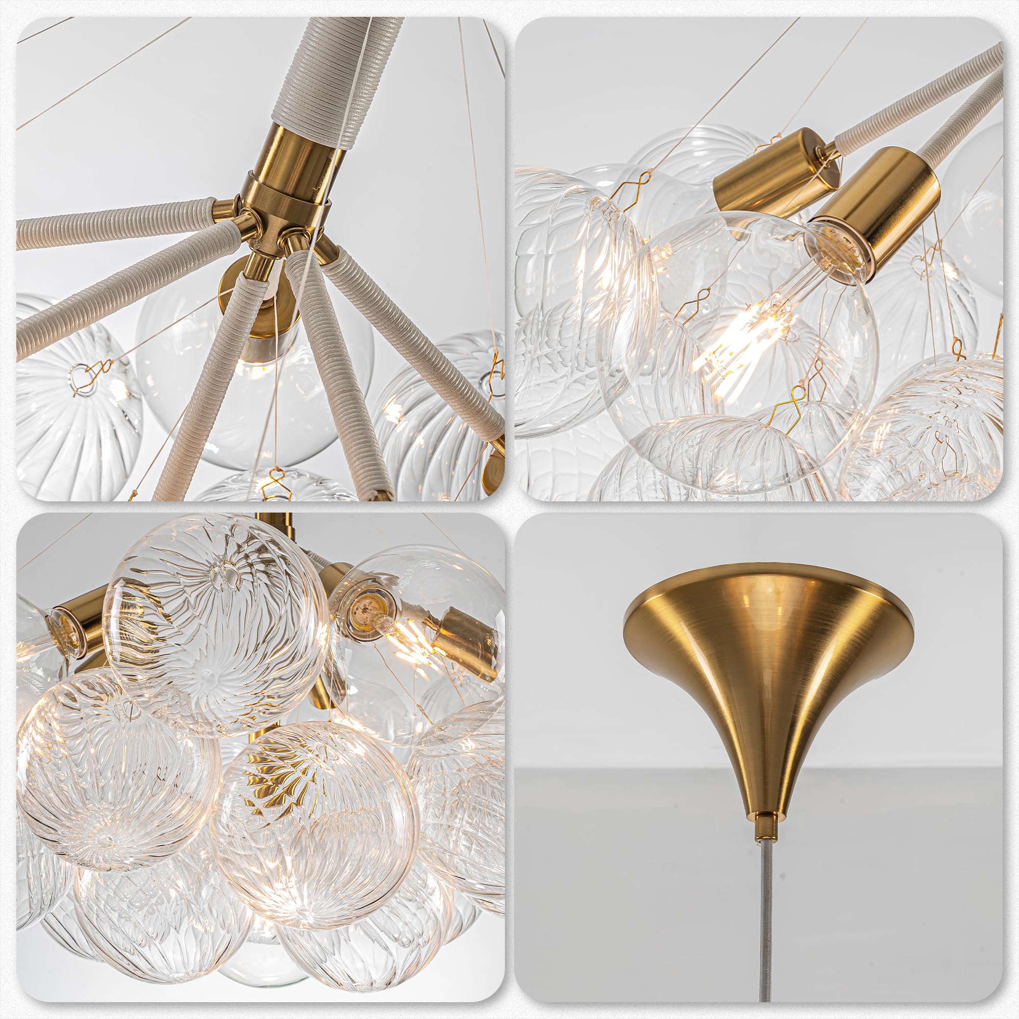 Longree Mid-Century Bubble Globe Chandelier, White And Gold 6 Lights Dia 24'' Swirled Glass Chandeliers For Bedroom, Study, Kitc