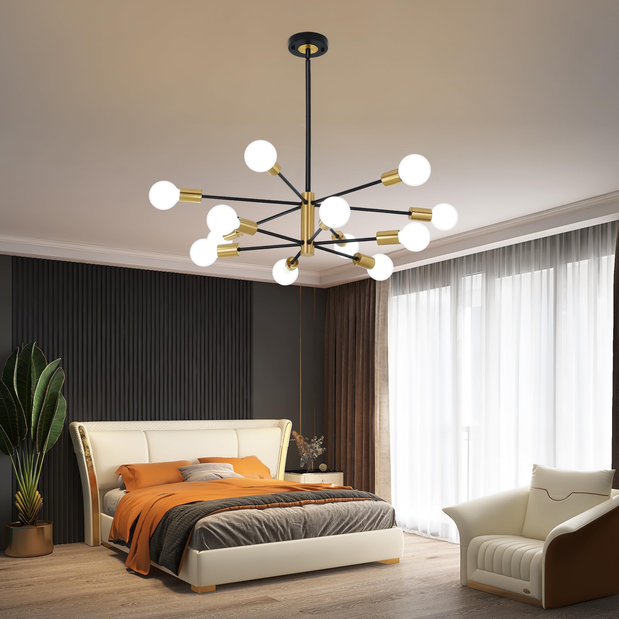 HUMHOLD 12-Light Modern Sputnik Chandelier, Black Gold, Adjustable Height, Stainless Steel, Model HDTHD-B01