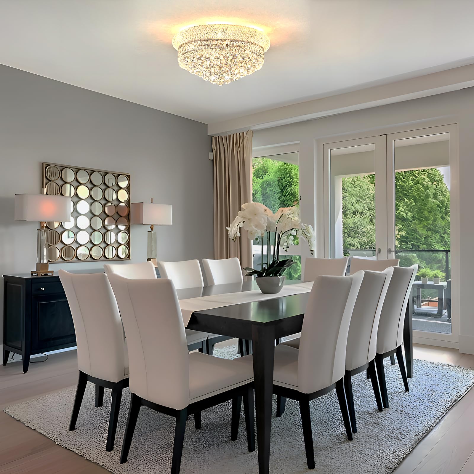 Homeooze 9 - Light Flush Mount Crystal Chandelier For Living Room Dining Room Entryway Hallway Bedroom Foyer Chrome Finish