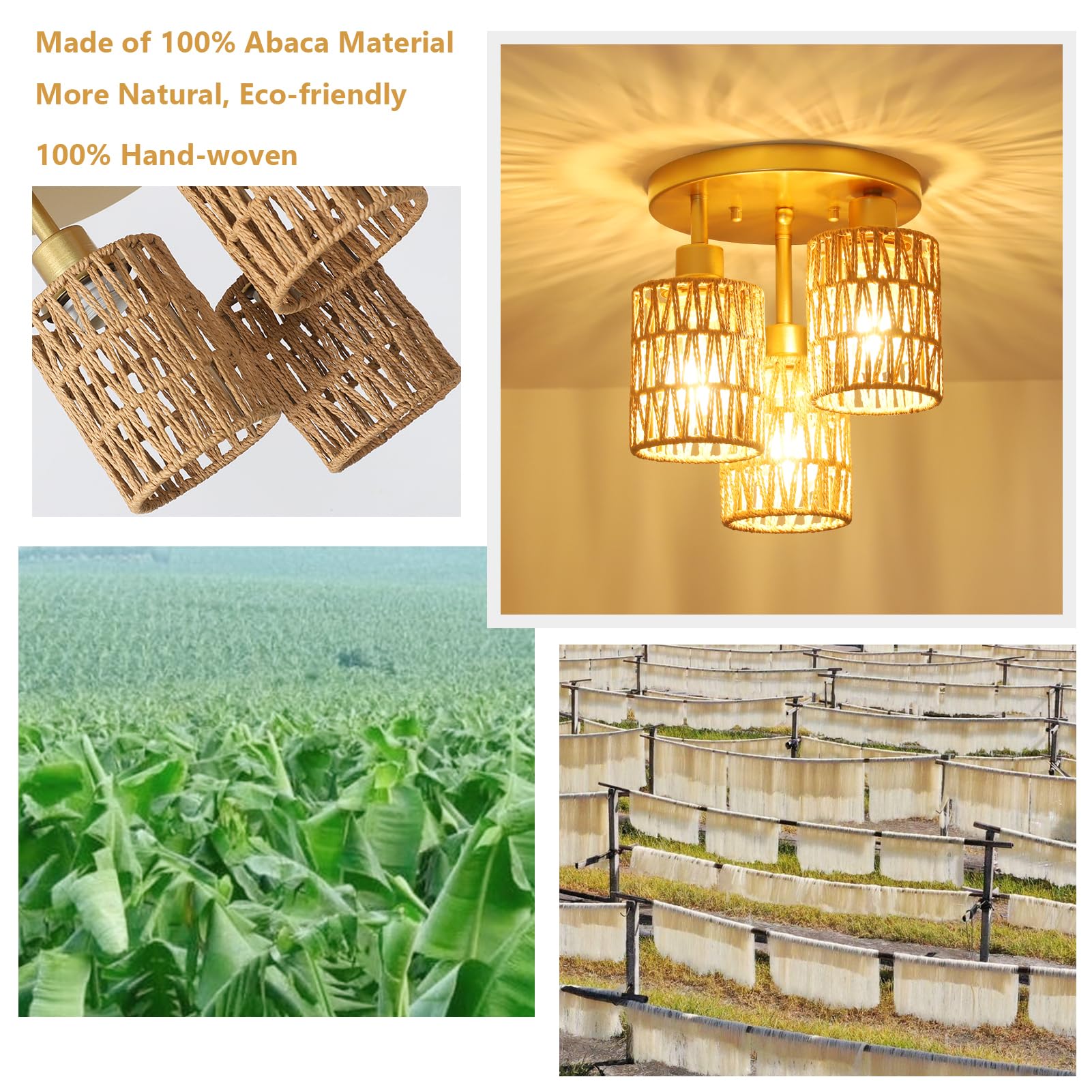 3-Lights Boho Light Fixtures - Farmhouse Rattan Light Fixture With Woven Cage Shade, Gold Semi Flush Mount Ceiling Lights For Be