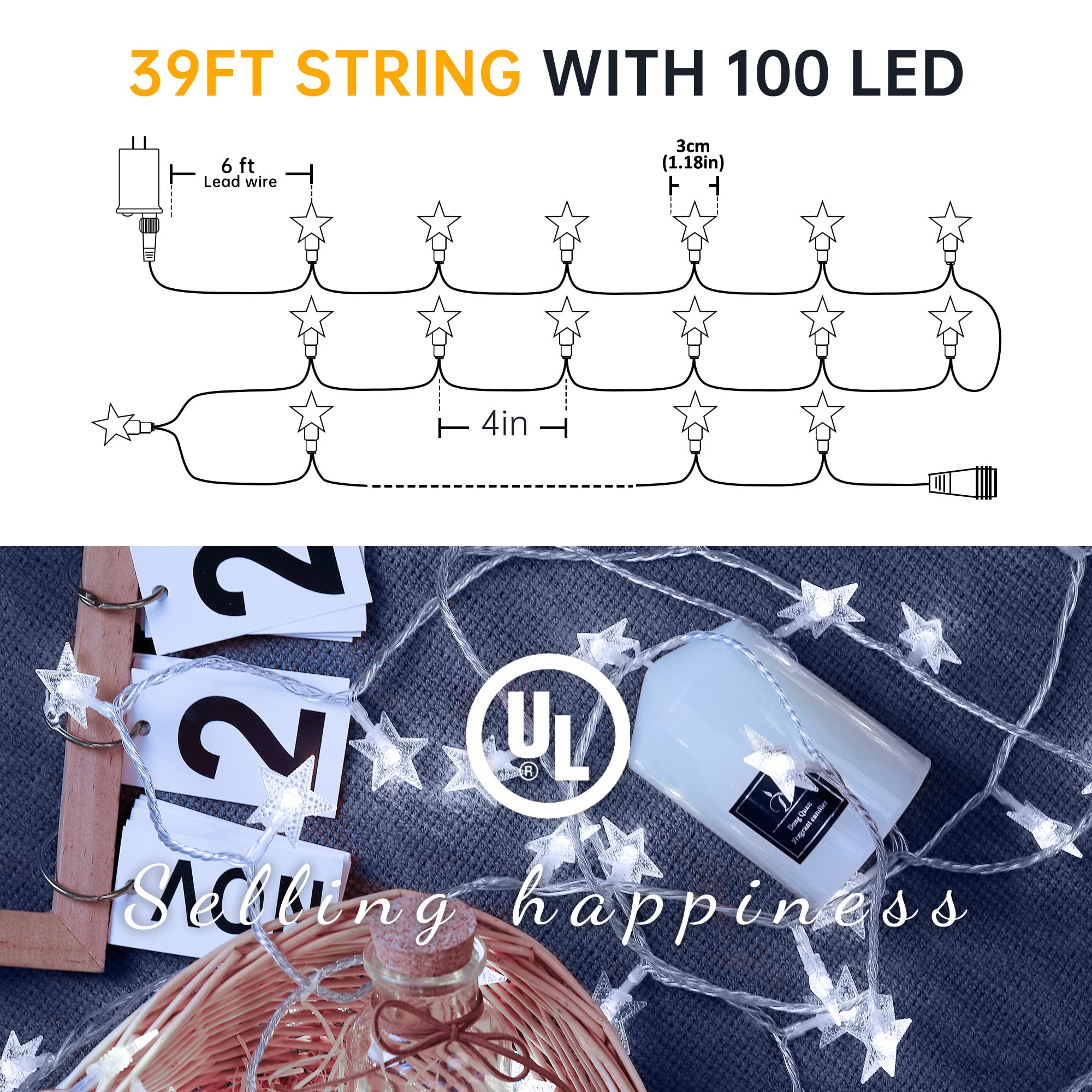 HEYFUNi LED Star String Lights, 100 LED 33FT White Fairy Lights for Outdoor Decor, 8 Modes, Model QX-U-O-S-100-W-C