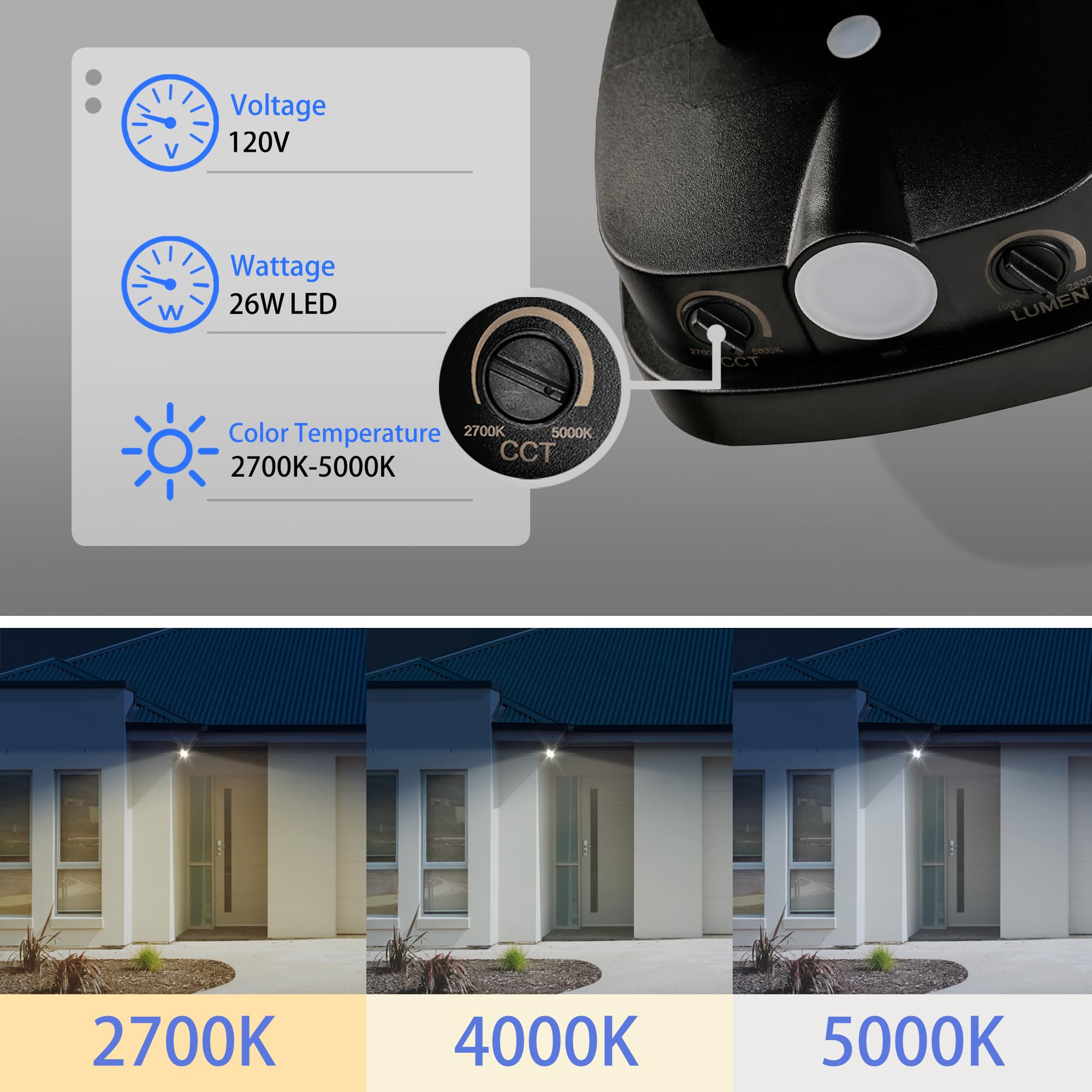 Awsens 26W Flood Lights Outdoor, Cct Integrated Led Security Light Fixture, 1 Head Exterior Led Outdoor Light With Dusk To Dawn