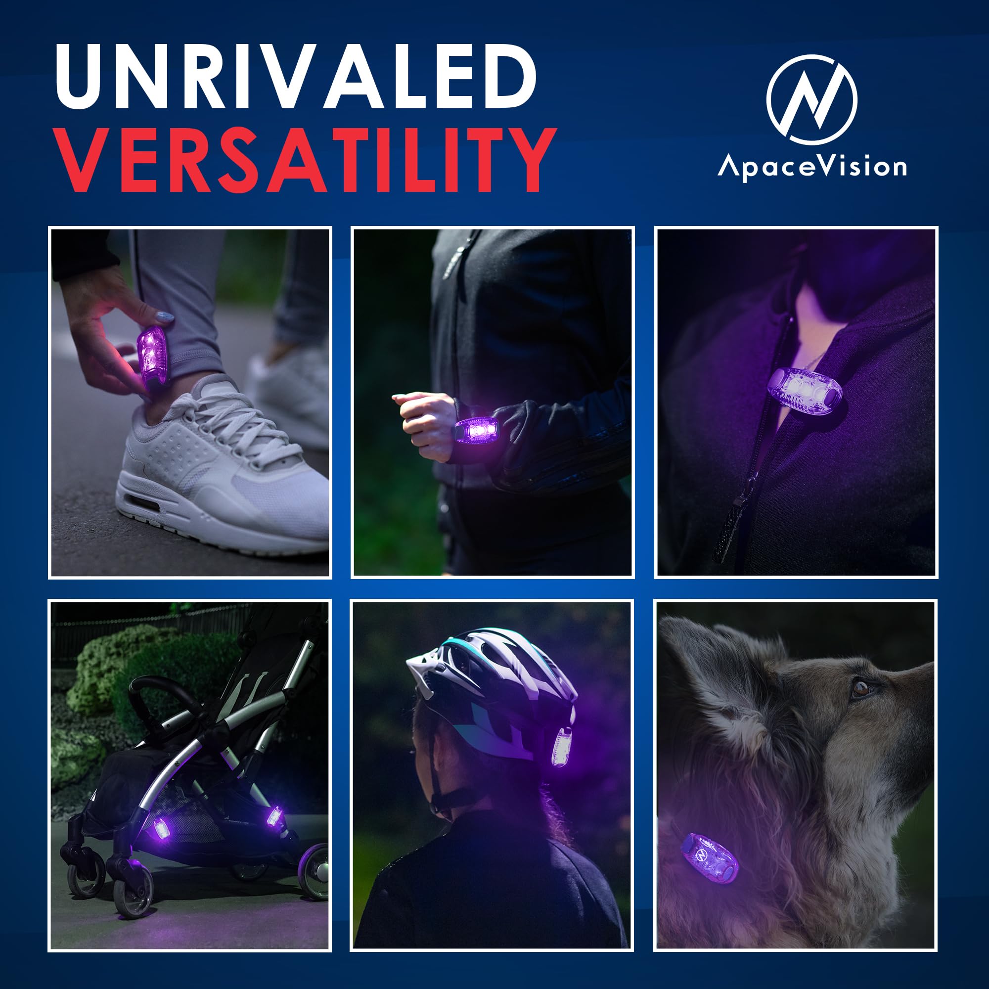 Apace Vision LED Safety Light - Clip On Strobe Running Lights, Purple, Model AVSL1000, High Visibility for Runners, Dogs, Bikes, and More