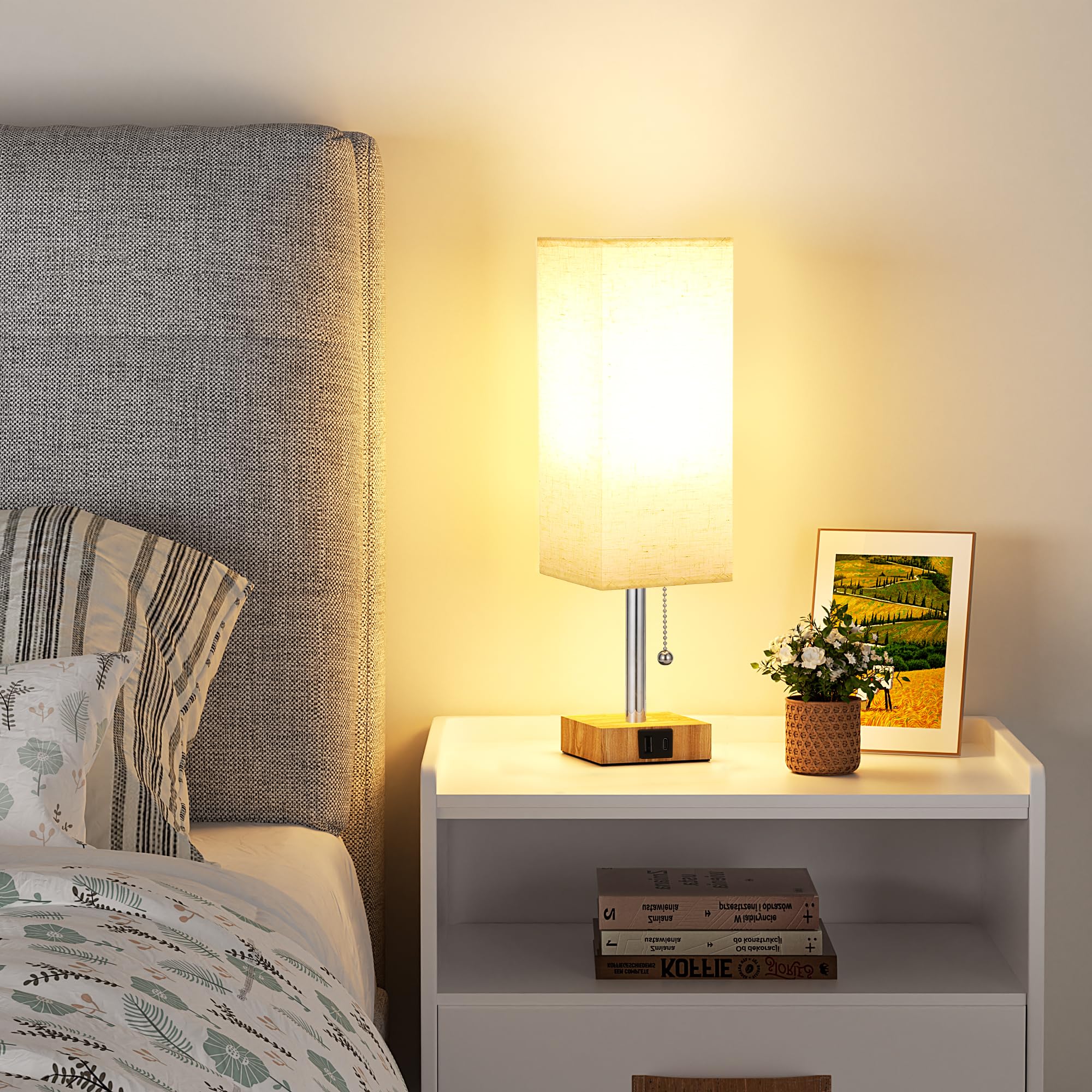 aooshine Beige Small Table Lamp - 3 Color Temperatures, USB Ports, Wood-Grain Base, 14.3in, Model S10-17