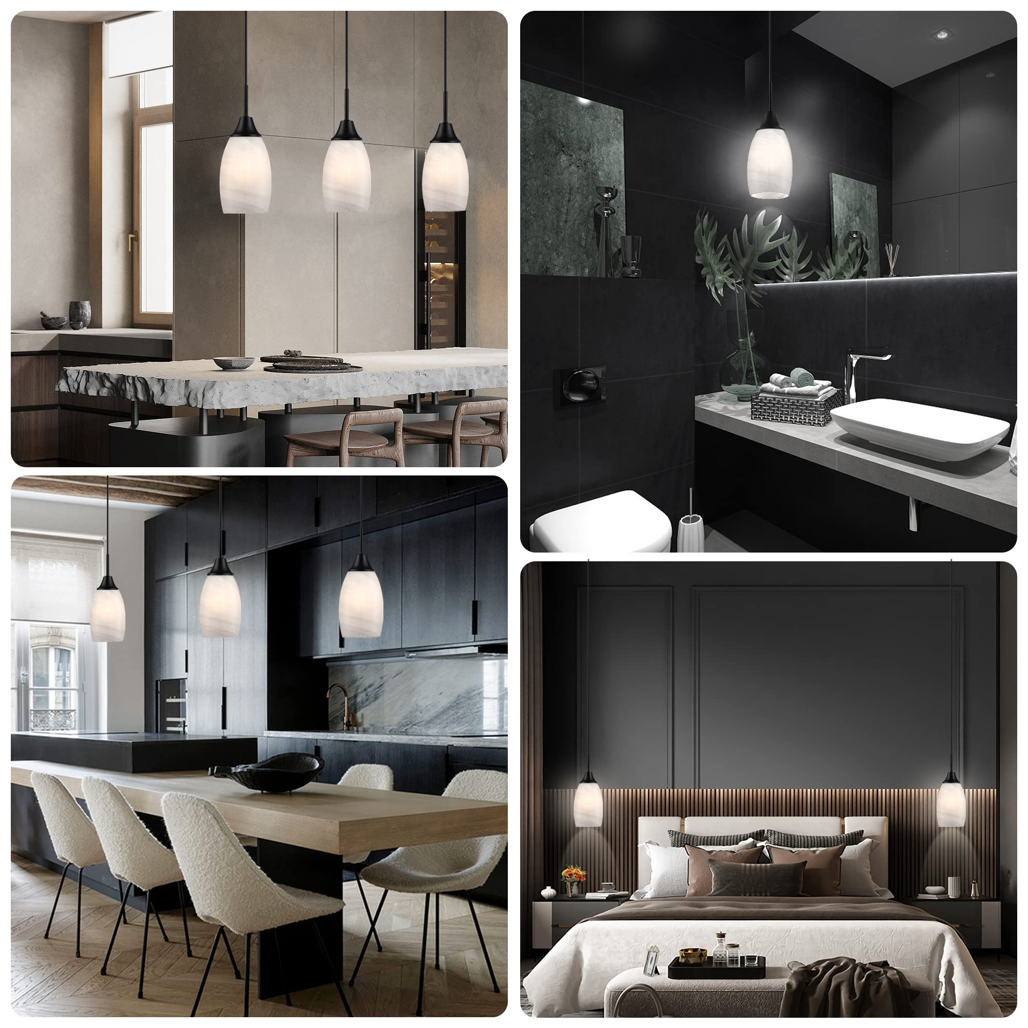 Viinew 3-Pack Mini Glass Pendant Lights, Handblown Black White Oval For Kitchen & Dining