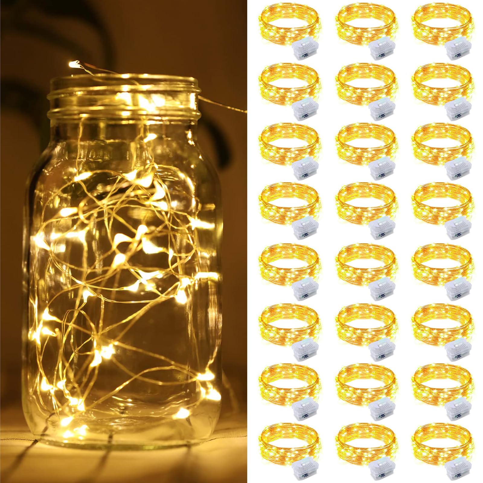 24 Pack Fairy Lights Battery Operated, String Lights battery powered 7ft 20 Led Fairy Lights Copper Wire twinkle lights for DIY, Parties, Wedding, Bedroom, Christmas Decoration(Warm White, 24)