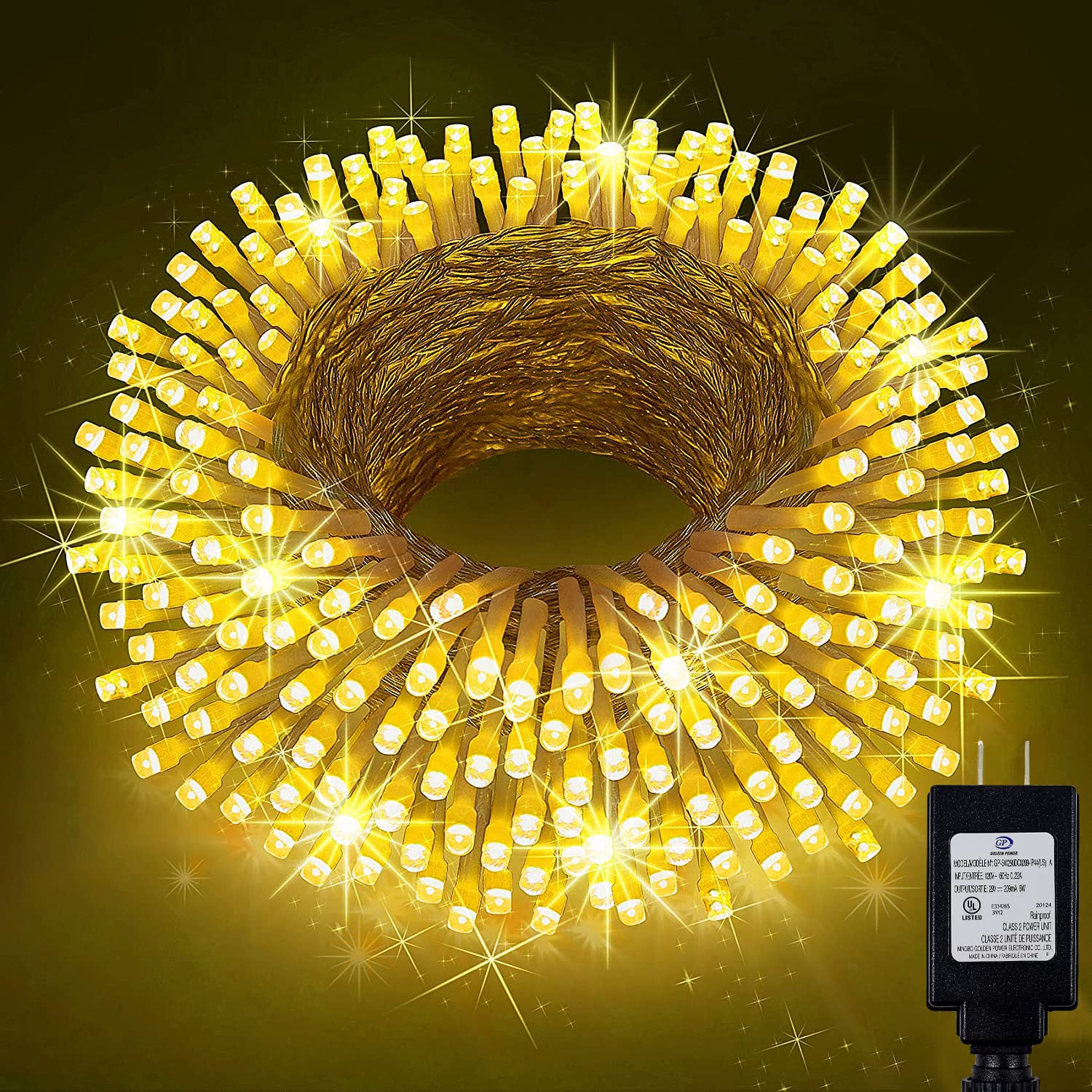 KNONEW Outdoor Christmas Lights 500 LED String Lights 197ft Waterproof Warm White 8 Modes Model 68KN-168LIG-NIU