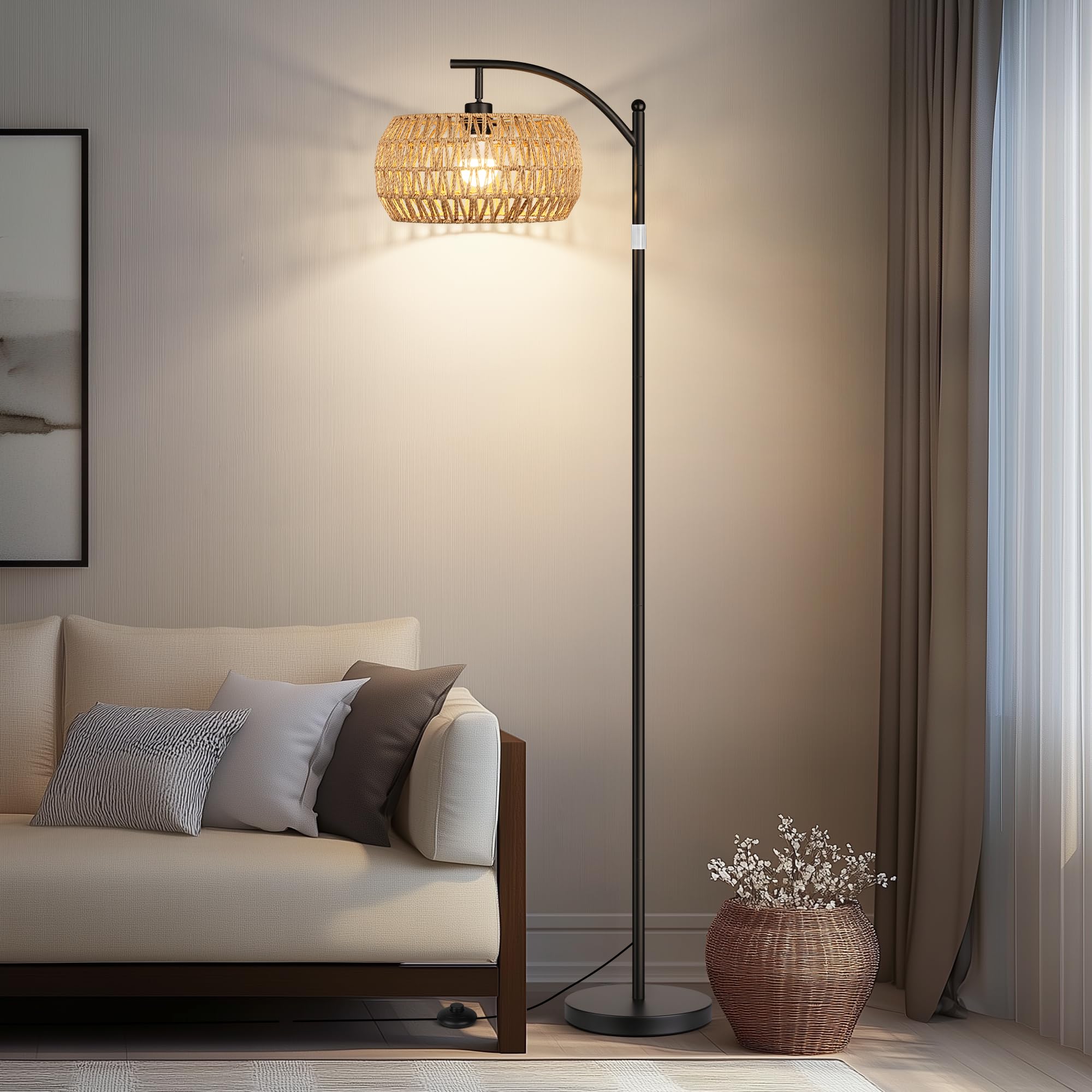 Rottogoon Boho Floor Lamp With Dimmable Bulb, Rattan Shade, Boho Standing Tall Lamps With Foot Switch, Black Bohemian Floor Lamp