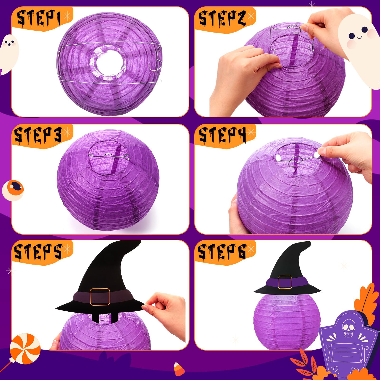 Retisee 18 Pcs Halloween Paper Lanterns, Purple and Black, Hanging Decorations with Witch Hat, Indoor/Outdoor Party Supplies