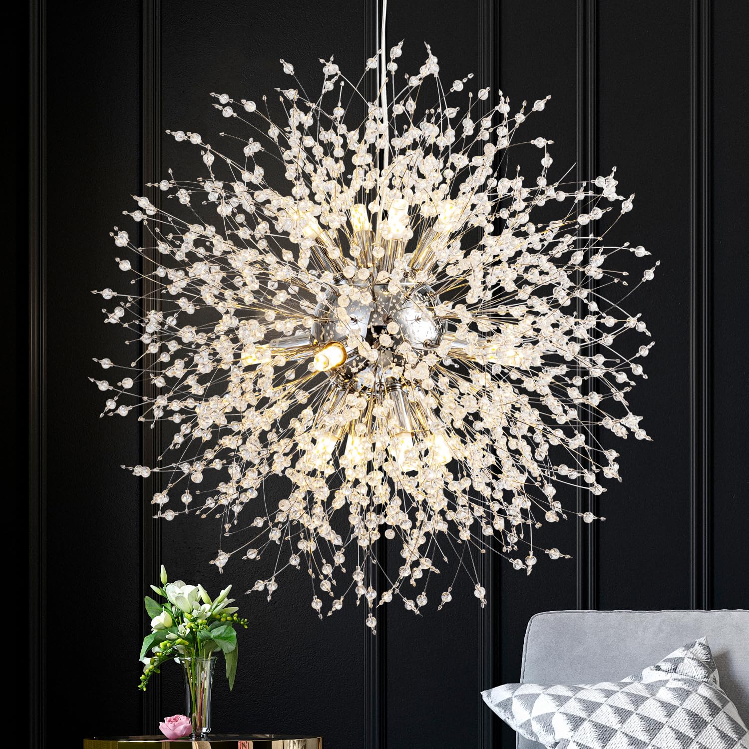 SineRise Modern Crystal Chandeliers Firework, Crystal Light Fixture, Dandelion Chandelier (12-Light, Chrome) for Foyer Hallway Entryway Kitchen Bedroom (Bulbs Not Included)