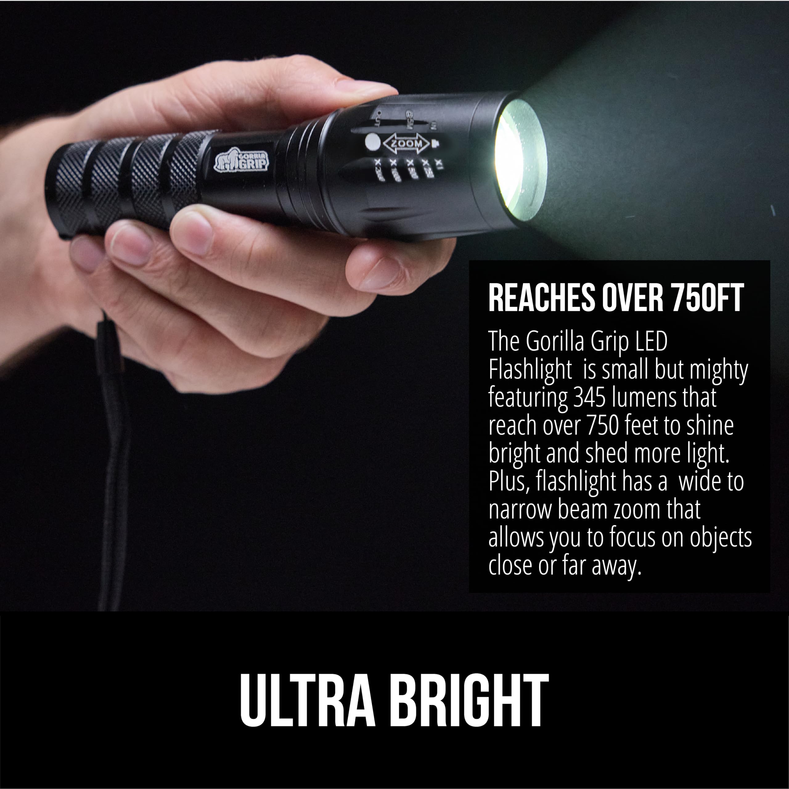 Gorilla Grip LED Tactical Handheld Flashlight, 750 FT Zoom, Ultra Bright, Water Resistant, Black, Model 840029670880