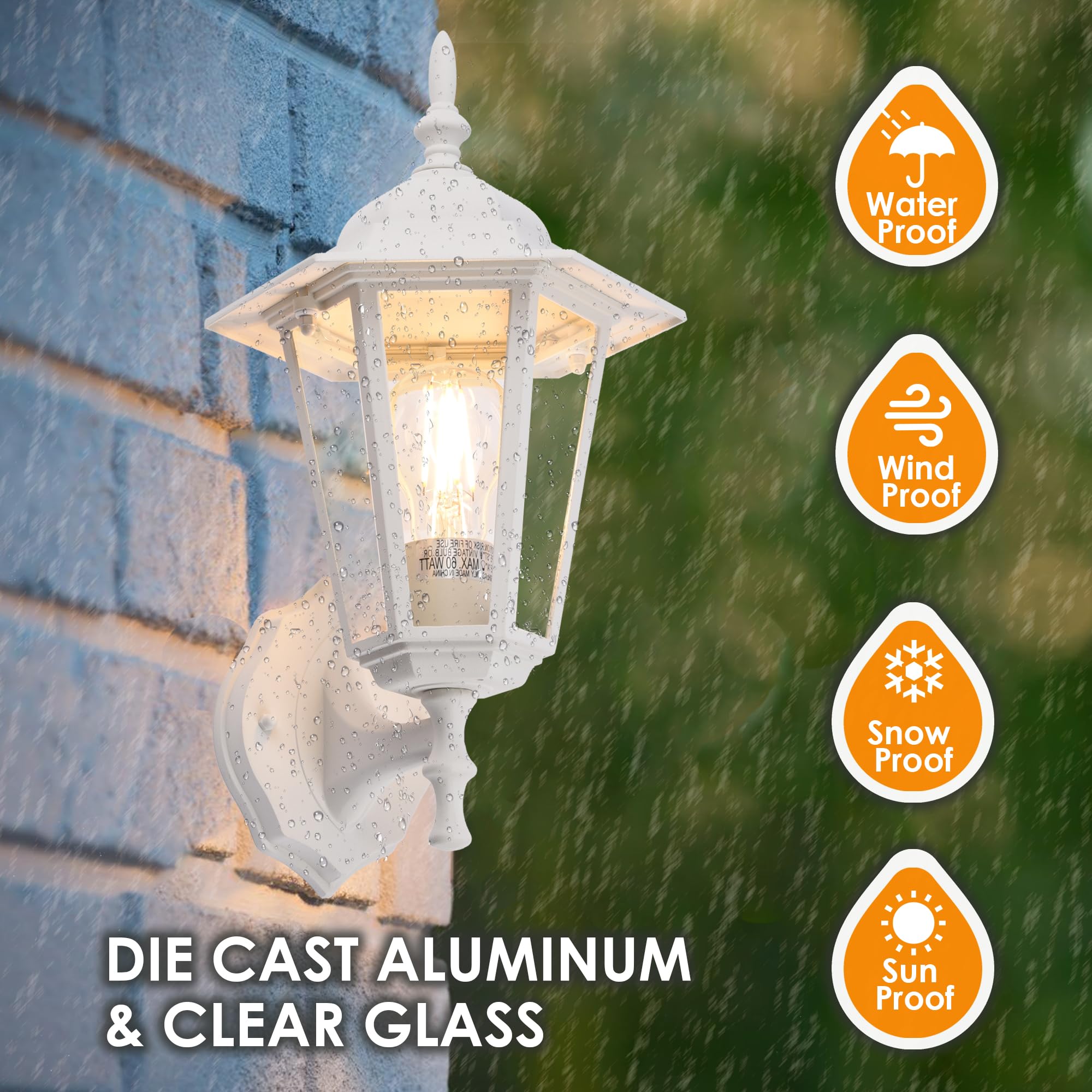 GRUENLICH Outdoor Wall Lantern, Aluminum Sconce, Waterproof, E26 Base, 14 Inch, White Finish, 2 Pack, Model GR-WL003-WT-2PK