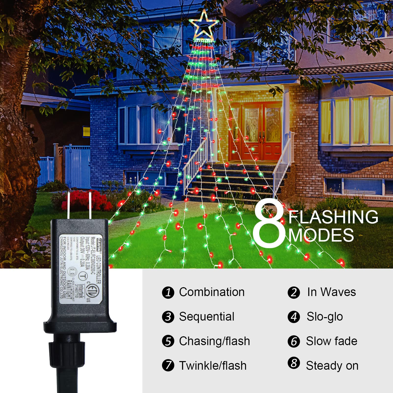 Funiao Christmas Decoration Lights, 320 Led Star String Lights Tree Topper Lights With 12&quot; Star For Yard, Garden, New Year, Wedding, Party - Red&Green