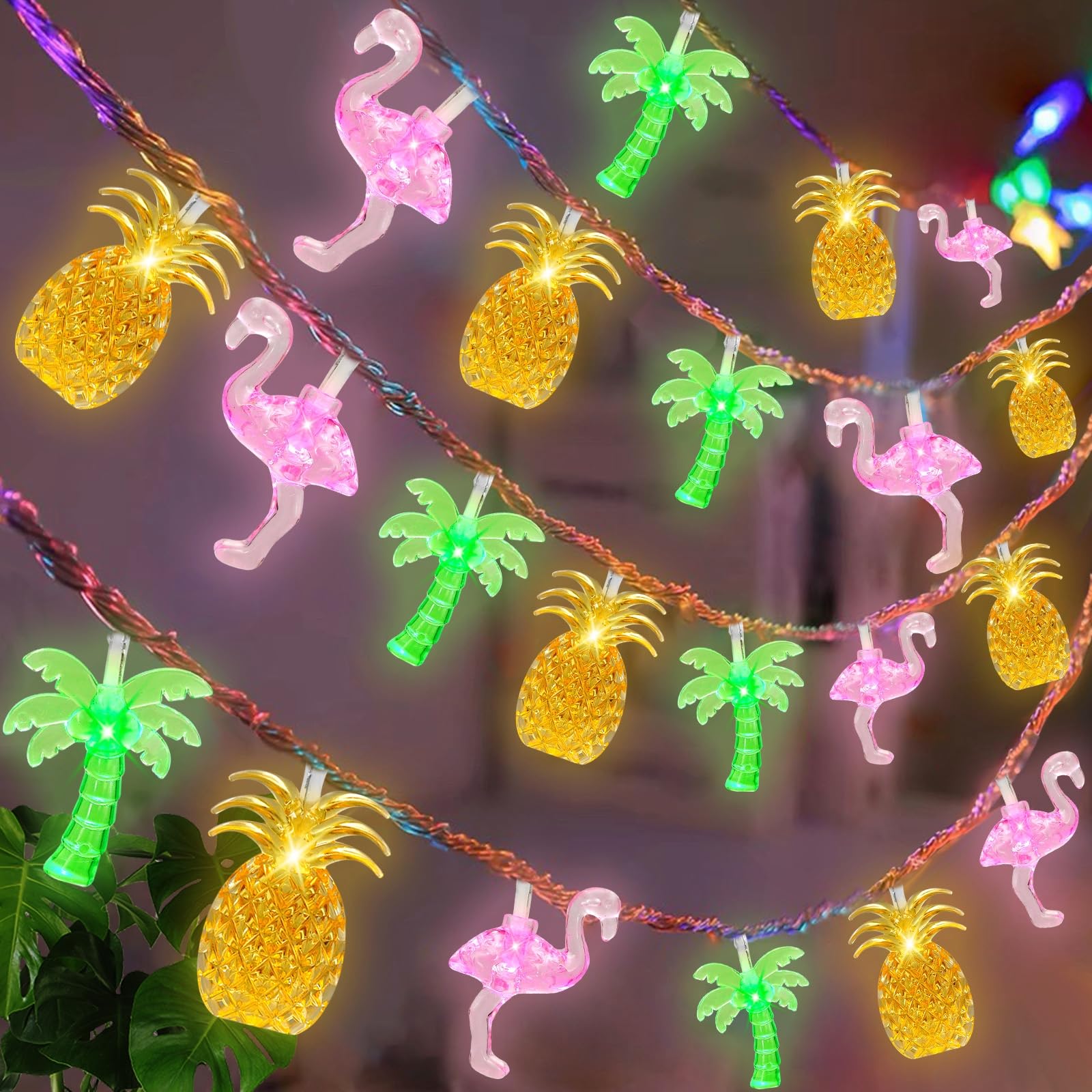 Olixmlya 30 LED [ 8 Modes & Timer ] 16Ft Summer Tropical Beach Hawaiian String Lights Tropical Flamingo Pineapple Palm Tree Fair