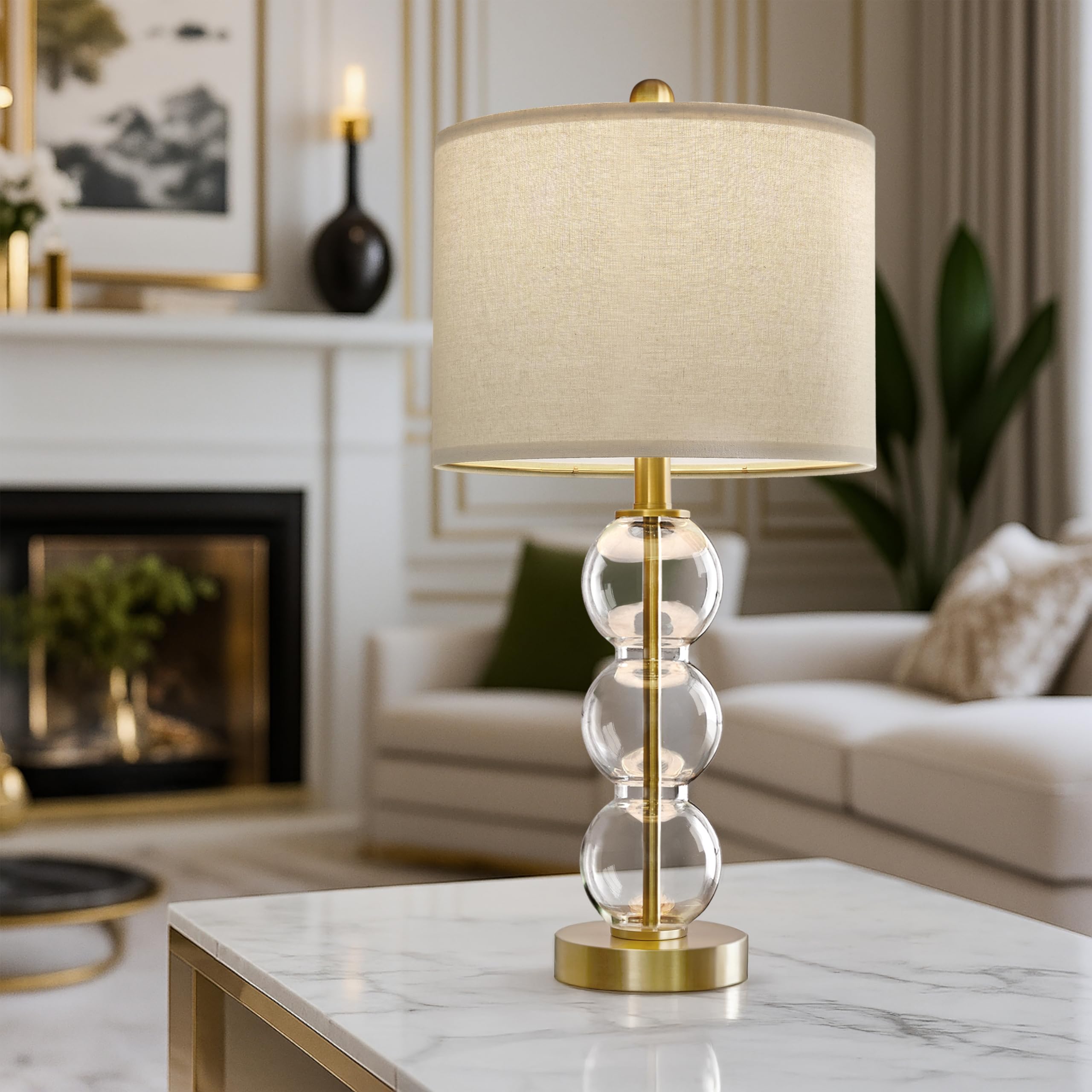 Oneach 24" Gold Glass Table Lamps Set of 2 with USB Ports, Linen Shade for Living Room & Bedroom, Model OYS-AMZ-T1123GL-U