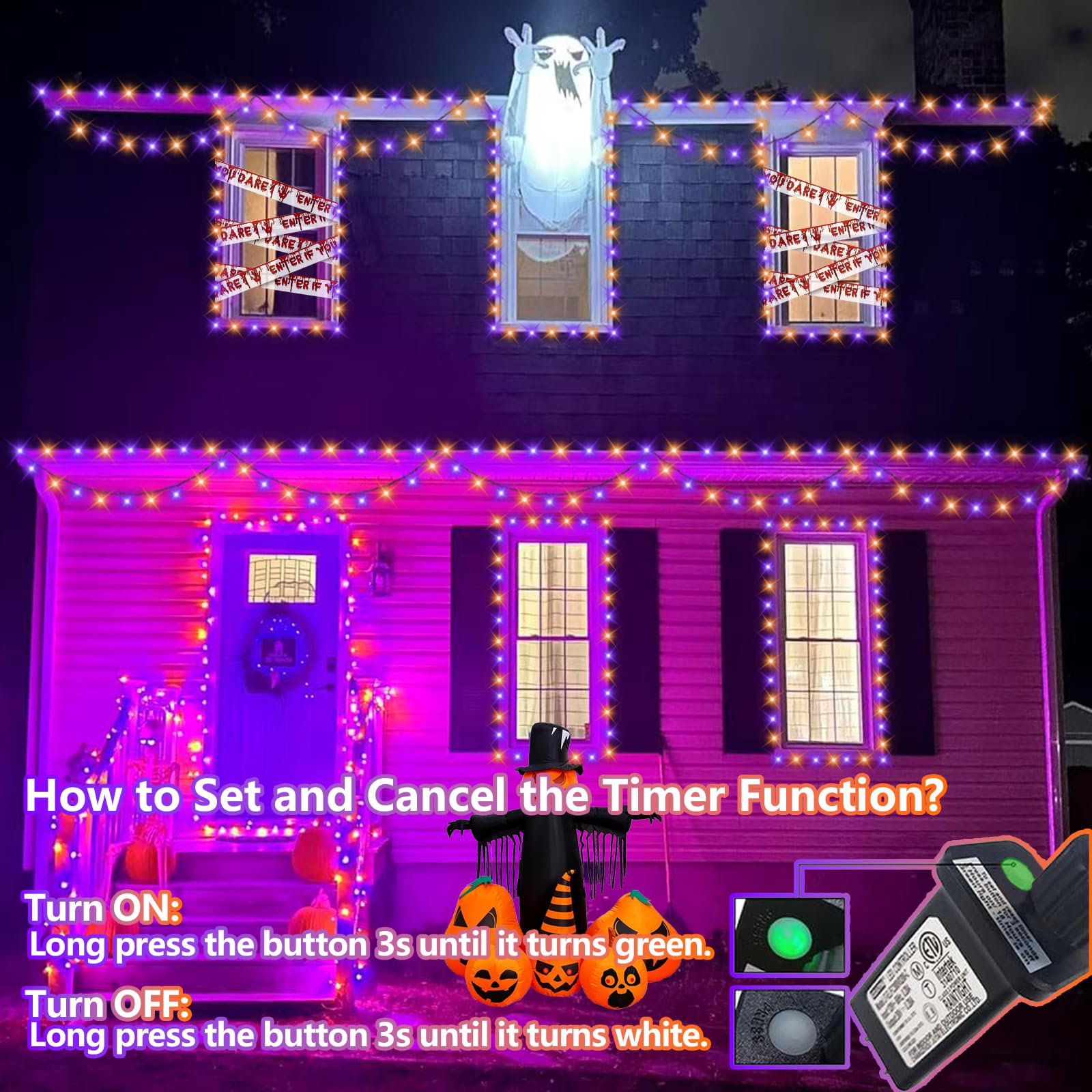 Yeguo 165Ft 500 Led Halloween Lights Outdoor Waterproof  Orange And Purple String Lights Indoor  Green Wire Christmas Tree Lights Plug In With Timer Memory 8 Modes