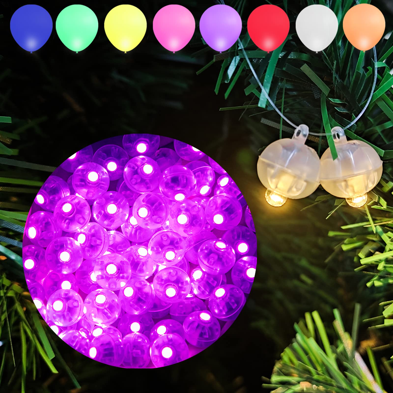 Aogist 100pcs Purple Balloon Lights,Long Standby Time Waterproof Mini Light,Battery Powered,Round LED Ball Lamp for Latex Balloon Paper Lantern Birthday Party Christmas Halloween Decorative