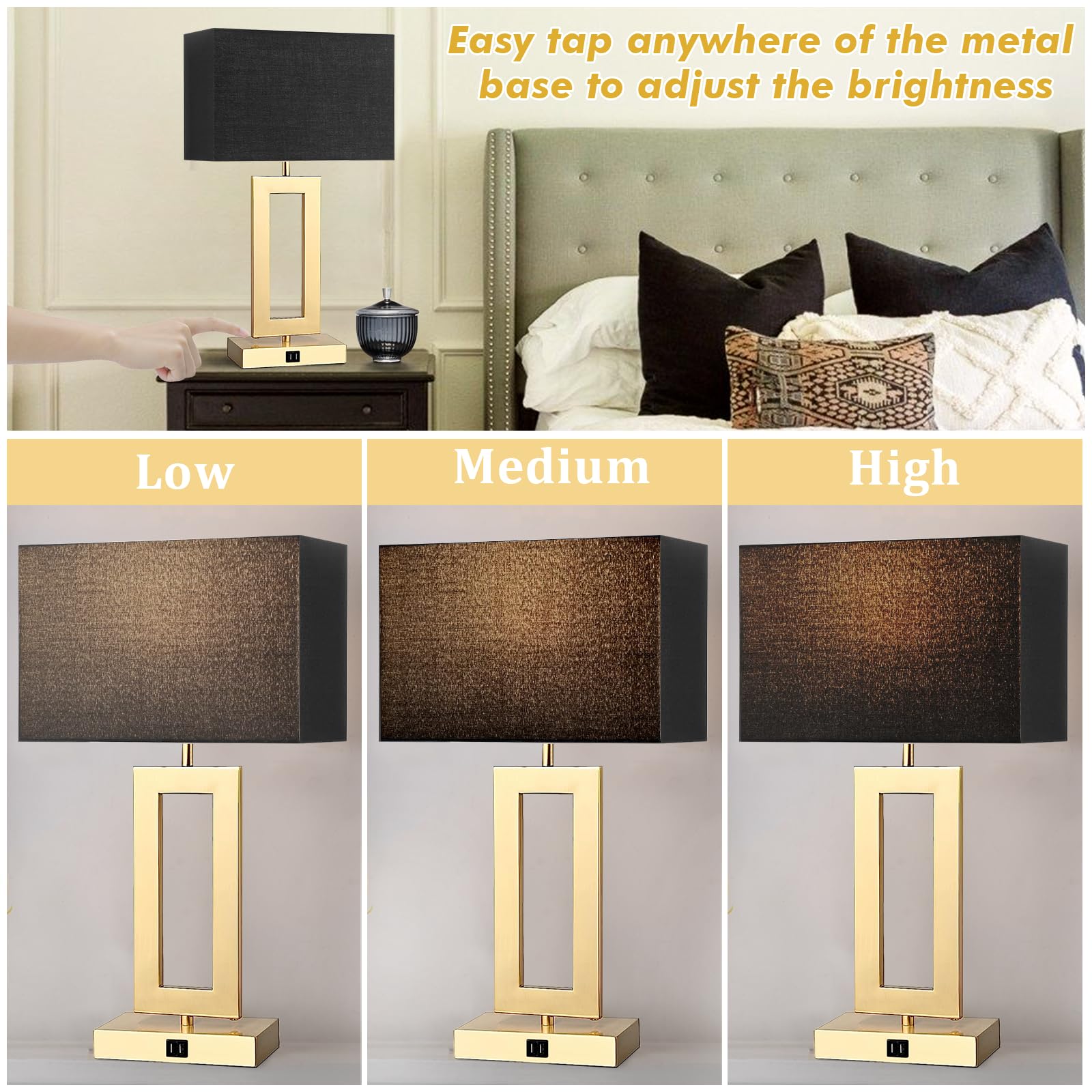 Gernehop Black Table Lamps Set Of 2 With Dual Usb Ports,3-Way Dimmable Touch Control Bedside Lamps,22Inch Tall Modern Bedroom Ta
