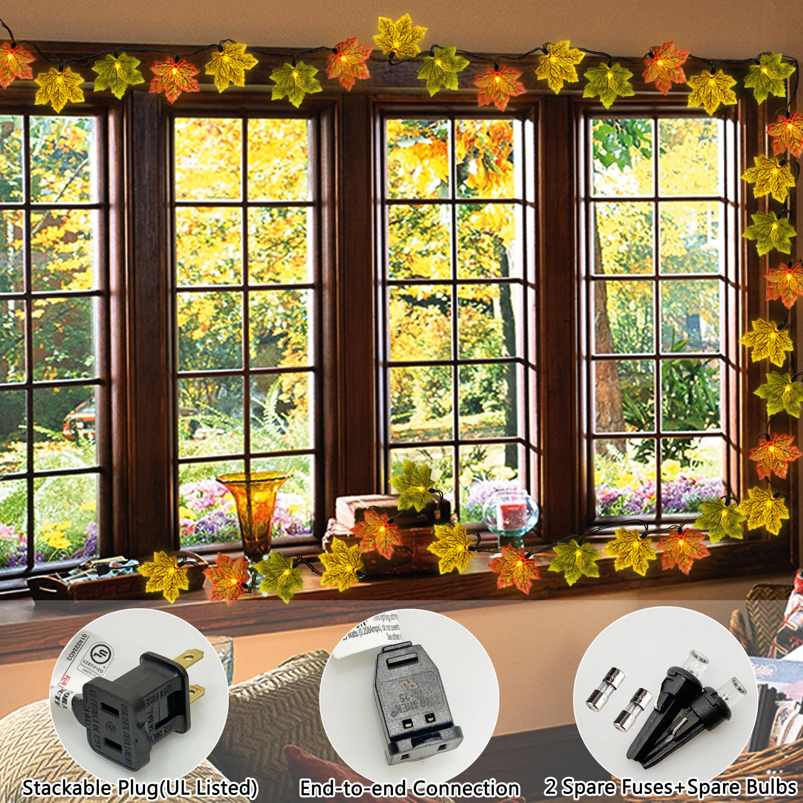 13.6FT Fall Lights Thanksgiving String Lights, 35LED Orange Yellow Green Maple Leaf String Lights Plug-in Fall String Lights for