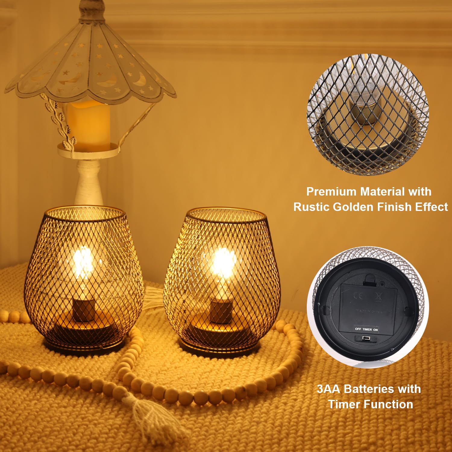 Needomo Set Of 6 Battery Operated Lamp Outdoor Table Lantern, Led Metal Cage With Timer Mode, Vintage Decorative Lights Cordless