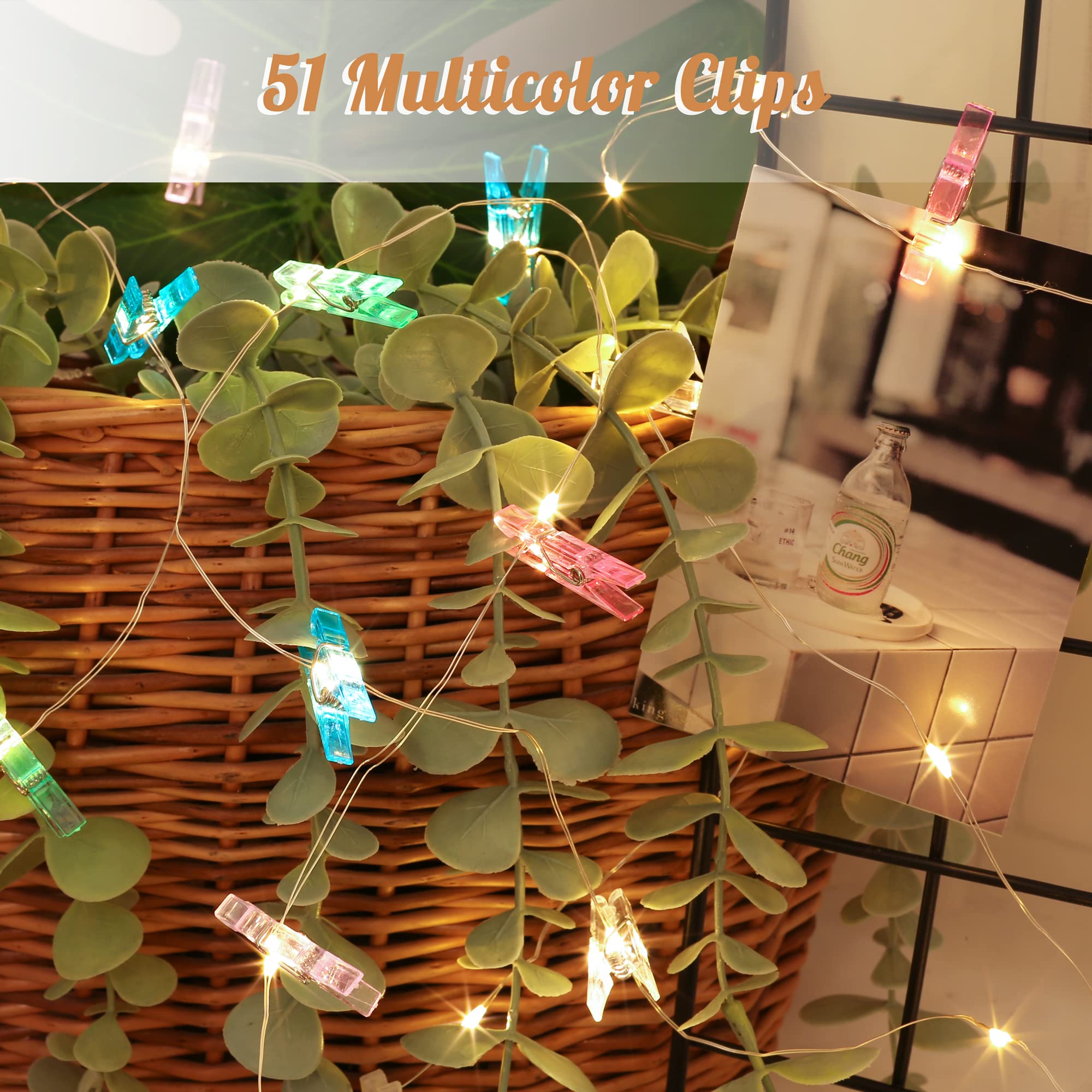 Lusharbor Photo Clips String Light,Fairy Lights With 51 Clear Clips, Battery Operated String Lights With Clips For Pictures, Room Decorations For Dorm Wall Bedroom (Multi-Colored Clips, 17Ft)