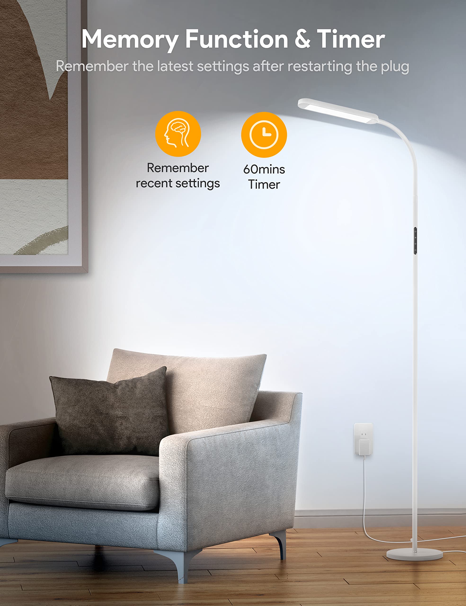 MediAcous LED Floor Lamp with Remote, 5 Colors & Brightness, Gooseneck, White, Model ME-FL01