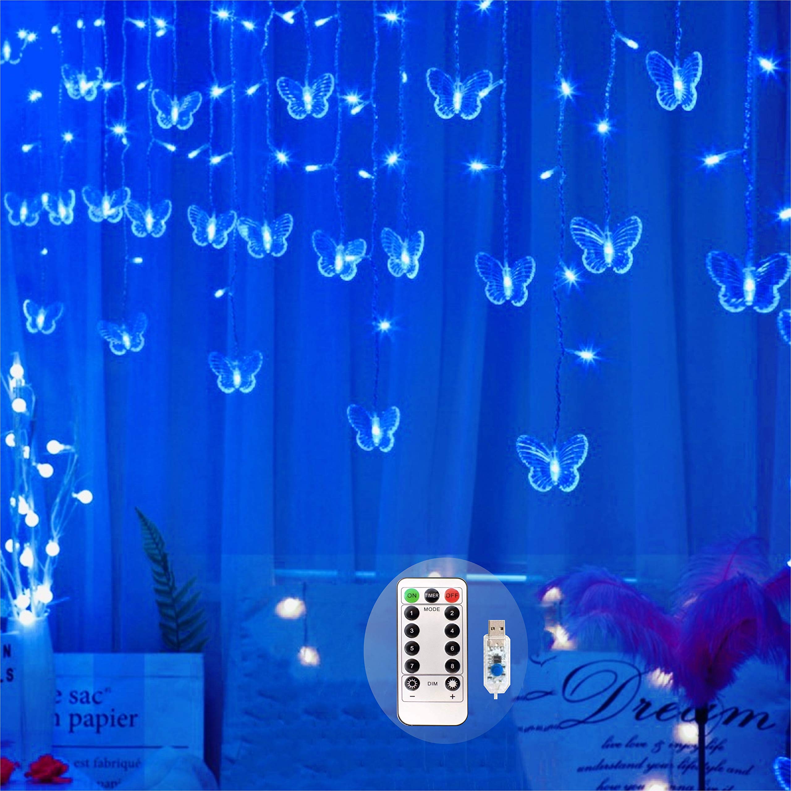 Felishine Blue Butterfly Curtain Fairy Lights, 120 Led Usb, 8 Modes, Waterproof Copper Wire